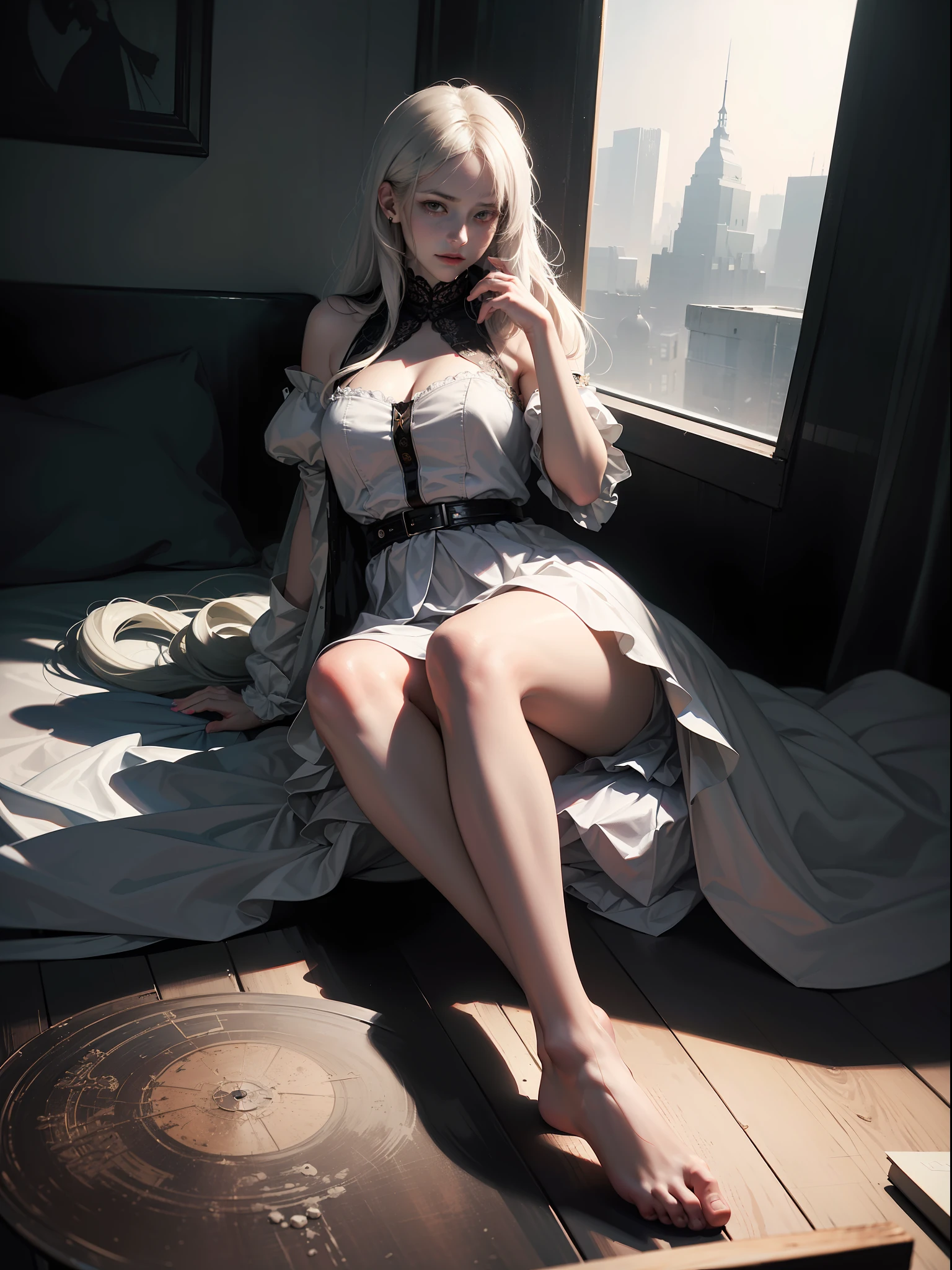 ((You may be one person to the world but you may also be the world to one person, paradox, Adrian Ghenie, jenny saville, edward hopper, dark art by James Jean, Takato Yamamoto)),(RAW photo, best quality), ((Nostalgia,1980s syle)),(A girl with a literary atmosphere:1.2),(realistic, photo-realistic:1.3), extremely delicate and beautiful, Amazing, finely detail, masterpiece, ultra-detailed, highres,best illustration, best shadow,intricate,depth of field,1girl,(long legs:1.4),long hair,messy hair,((((low key,dark scene,dimly lit)))),fat,(((soft lighting:1.4))),(pale skin:1.4),(shy smile),(cinematic angle),sharp focus, award winning, volumetric fog, 8k UHD, DSLR, high quality,( film grain:1.4), Fujifilm XT3,(looking at viewer)