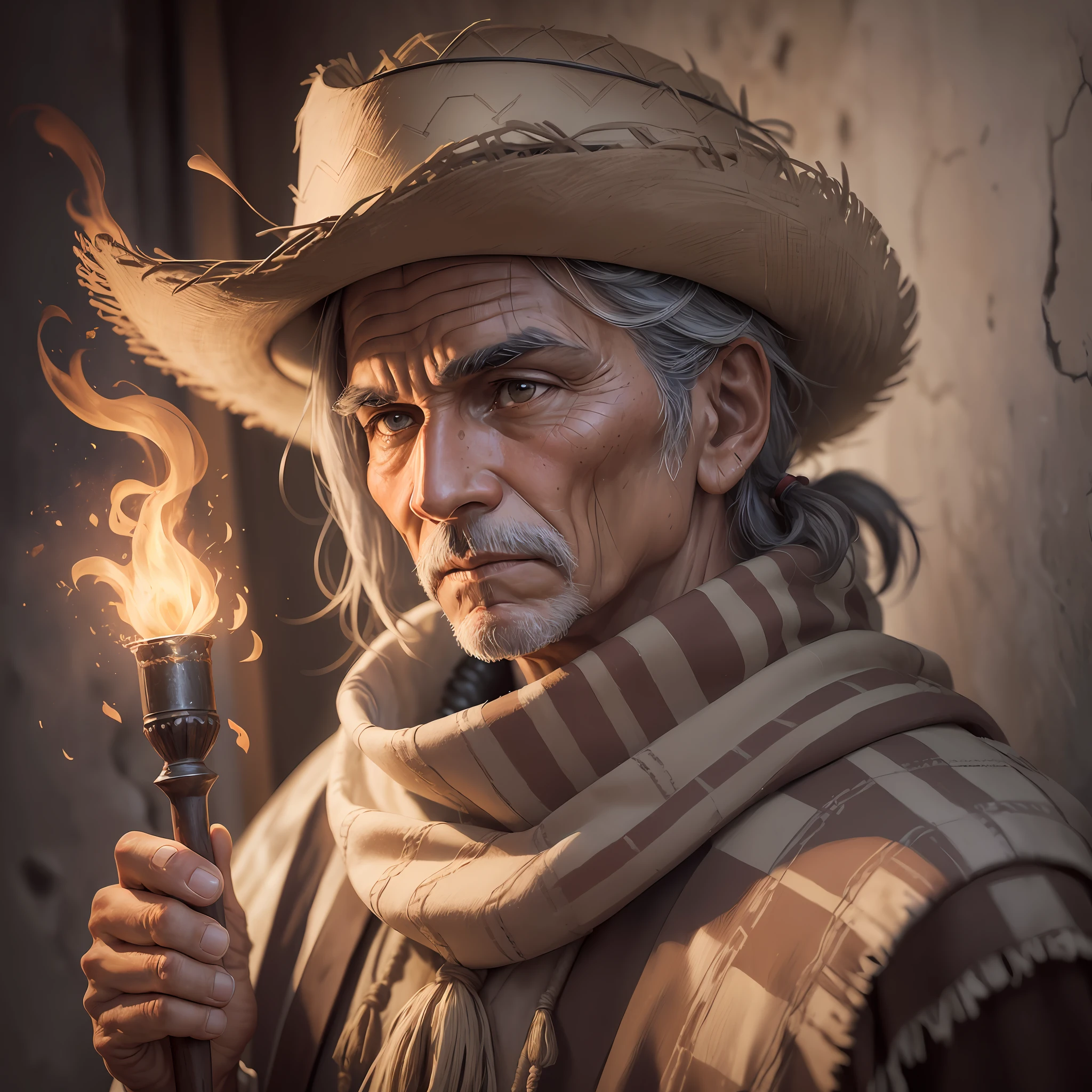 (High quality: 1.3), cinematic shot, masterpiece, (sharp focus: 1.5), (photorealistic: 1.3), medium portrait of ( tired-looking but still proud and american boy Indian strong and old in a cowboy hat and poncho, some torches burn on the walls, giving the scene a somber atmosphere, but carving the shapes in crisp chiaroscuro), it&#39;s night, (highly detailed skin), (detailed face), background detailed, dark lighting, twilight lighting, volumetric lighting, intricate details, UHD, --auto --s2