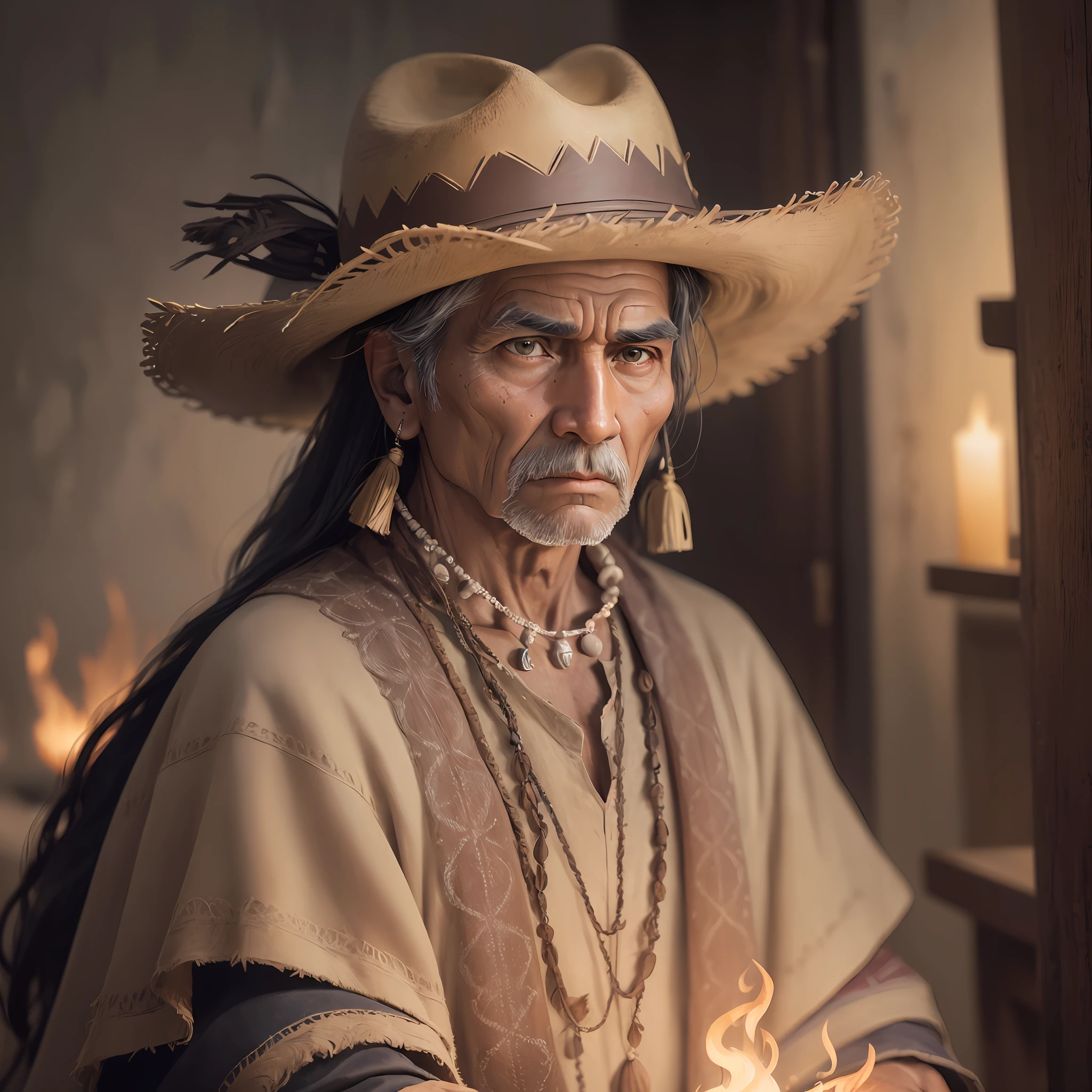 (High quality: 1.3), cinematic shot, masterpiece, (sharp focus: 1.5), (photorealistic: 1.3), medium portrait of ( tired-looking but still proud and american boy Indian strong and old in a cowboy hat and poncho, some torches burn on the walls, giving the scene a somber atmosphere, but carving the shapes in crisp chiaroscuro), it&#39;s night, (highly detailed skin), (detailed face), background detailed, dark lighting, twilight lighting, volumetric lighting, intricate details, UHD, --auto --s2