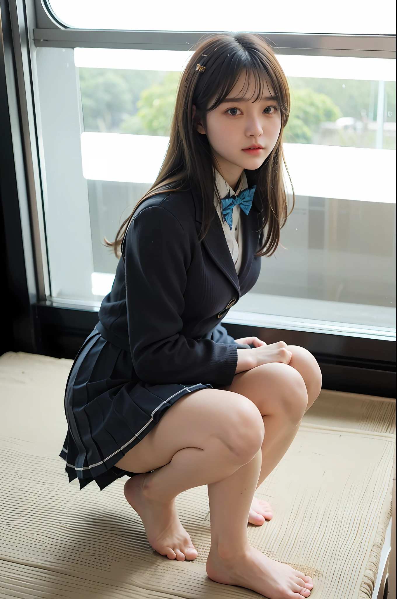 High angle shot, centered view,arafed asian woman in a short skirt and bow tie sitting on a train, cute schoolgirl, japanese girl school uniform, wearing japanese school uniform, japanese school uniform, a hyperrealistic schoolgirl, dressed as schoolgirl, hyperrealistic schoolgirl, wearing school uniform, realistic schoolgirl, girl wearing uniform, wearing a school uniform, of a schoolgirl posing, full body, nice skin, glowing skin, nice thighs,glowing thigh, glowing legs, barefoot