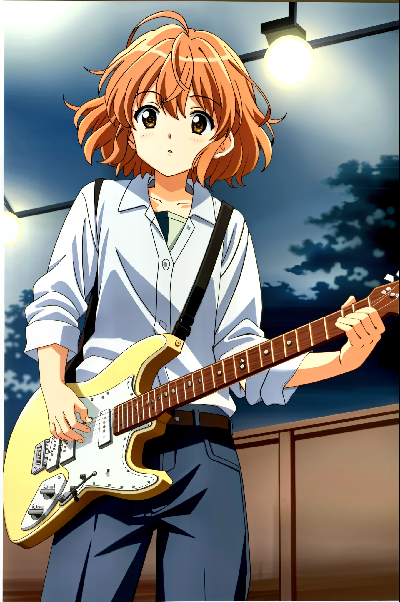 Mirai Kuriyama in casual clothes playing a Fender Jazzmaster at an evening show, VHS, 90s, vintage, standing, detailed, white button-down shirt, black pants