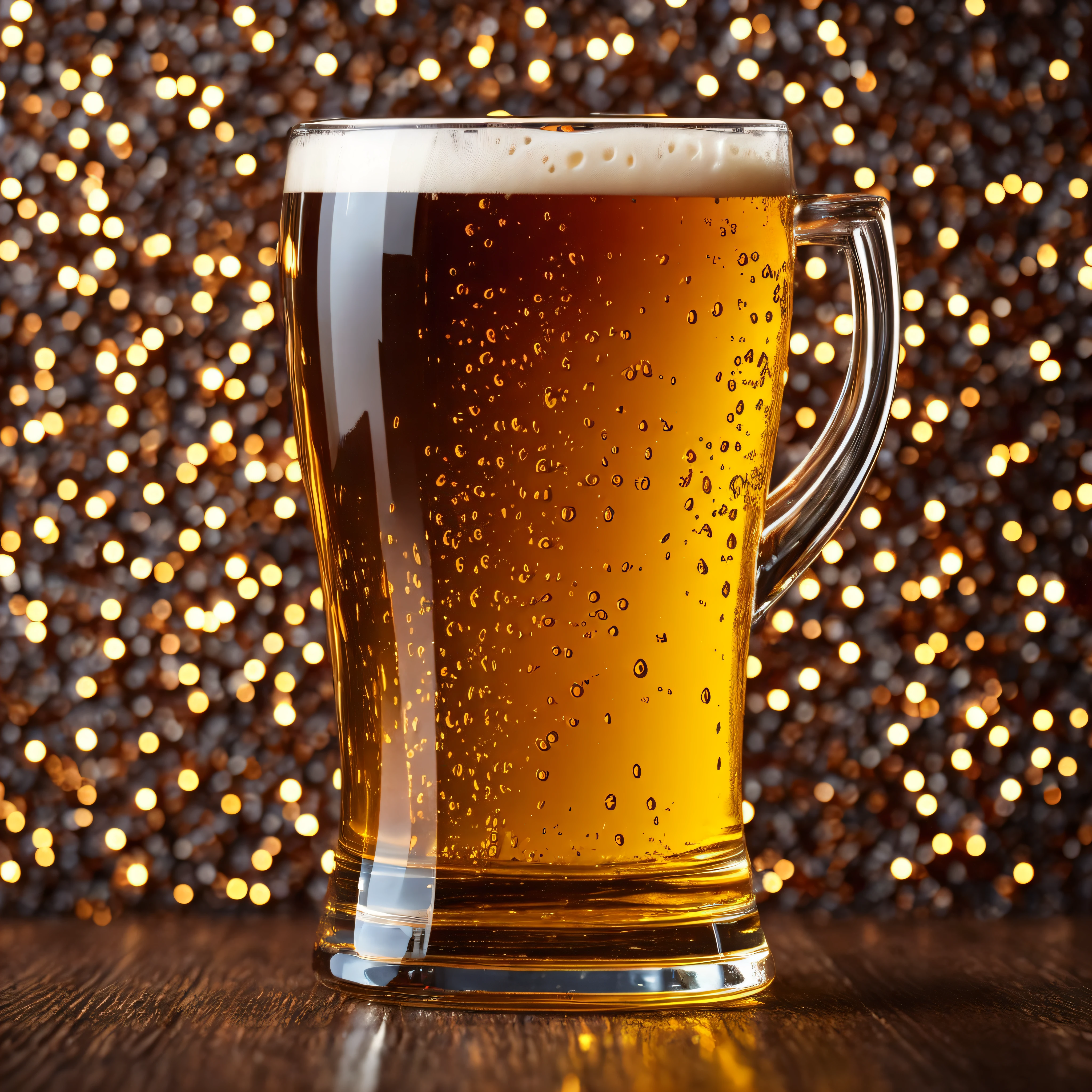 Ultra realistic and ultra detail-oriented, it was a stylized, modern, creative mug of seemingly cold beer, with sweat marks dripping down the mug, showing the beer falling into the mug propped up on a shiny, lacquered wooden table with a dark, blurry background. Create this art in 4k using unreal engine with richness of detail and background suggestion of a stylized Bar.
