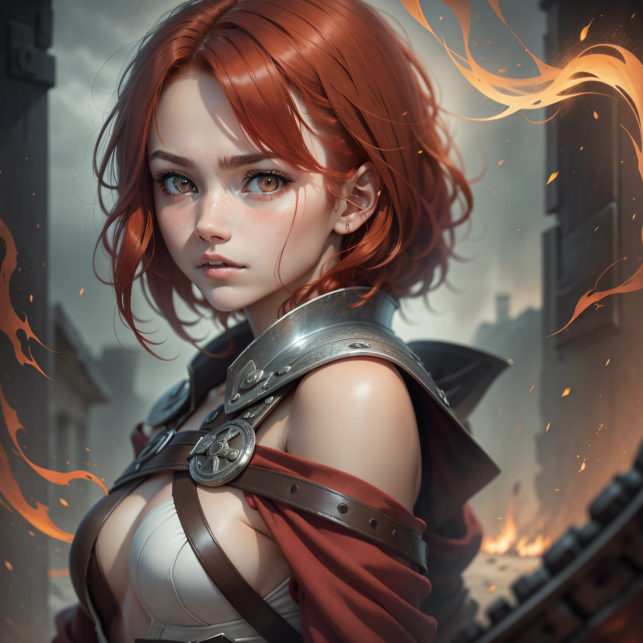 A young 16-year-old warrior girl with short, fiery red hair, framing her determined but serene face. Dressed in a torn brown robe, she exudes a captivating aura of strength and resilience on a dark night