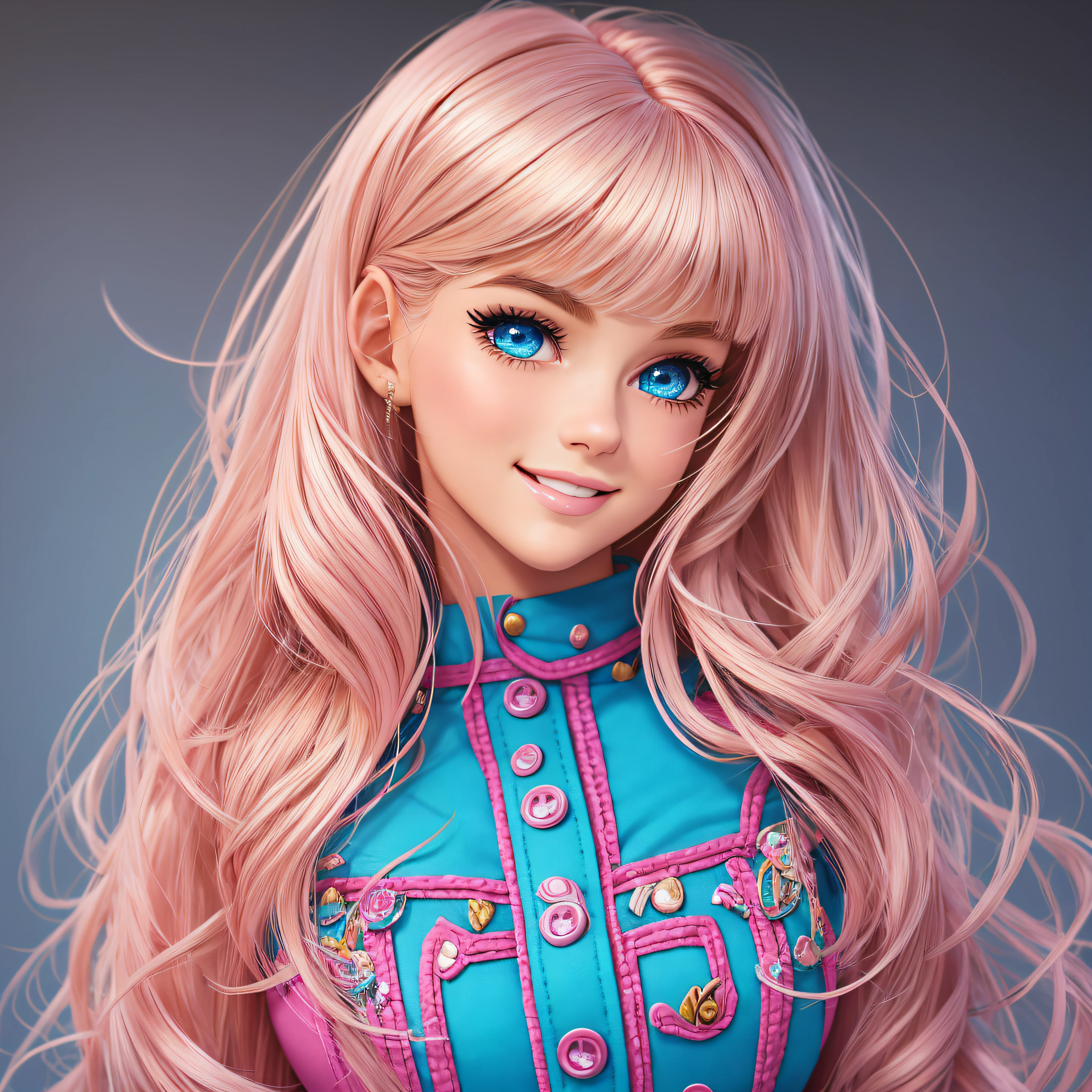 posed illustration, pop, realistic, barbie style, live action, very cute, beautiful smile, beautiful face, blush, well-groomed face, beautiful woman, beautiful blue eyes, bangs between the eyebrows, very cute, perfect anatomy, (blue eyes ), peach fuzz , messy hair, blonde hair, narrow waist, absurd, 8k resolution, human hands, highly detailed, smooth, stunningly beautiful, , detailed hairstyle, pink clothes, fashion, barbie style. --auto --s2