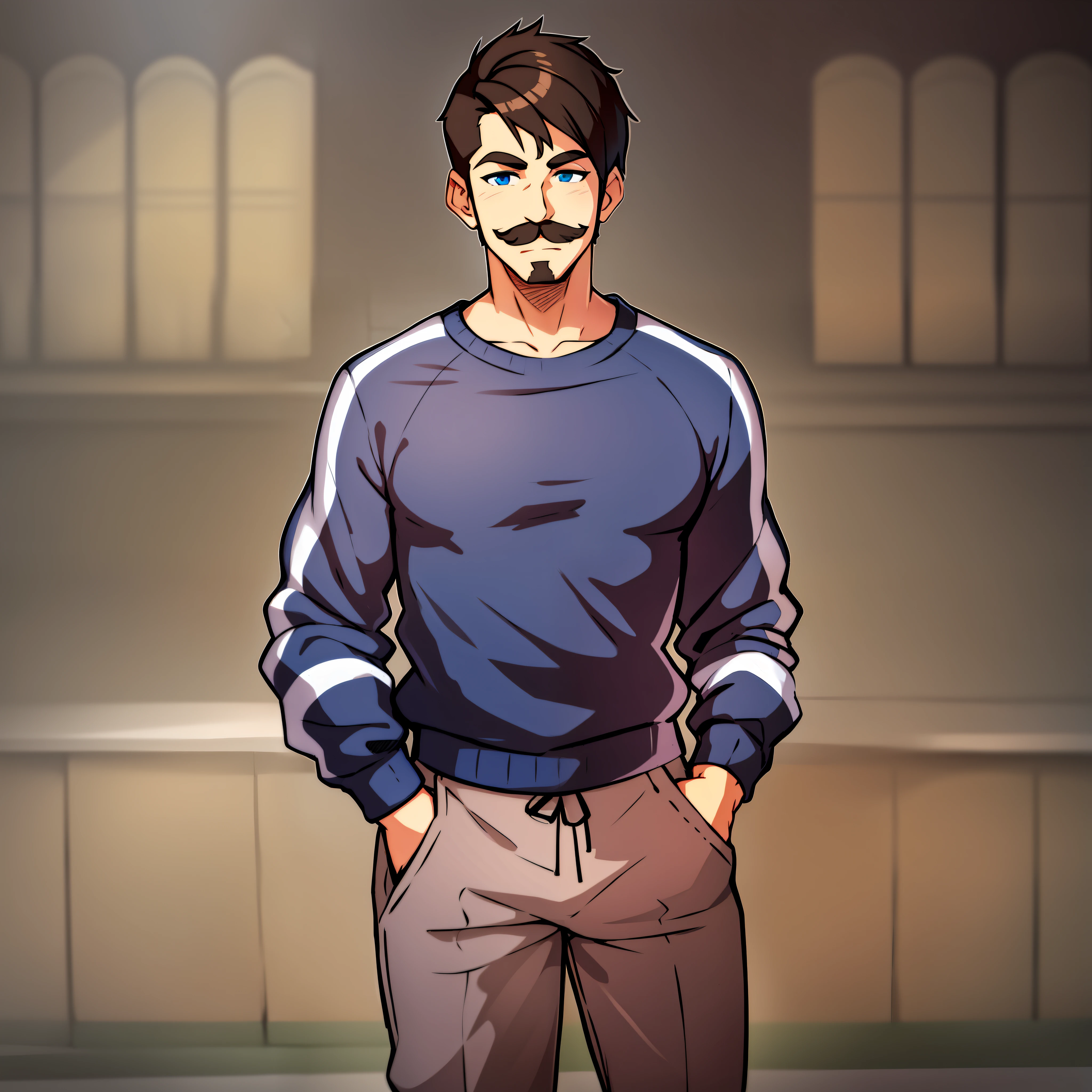 Drawing of a young brunette man alone with chevron mustache, with haircut called ladinho. wearing a long-sleeved raglan top, black pants with All Stars sneakers