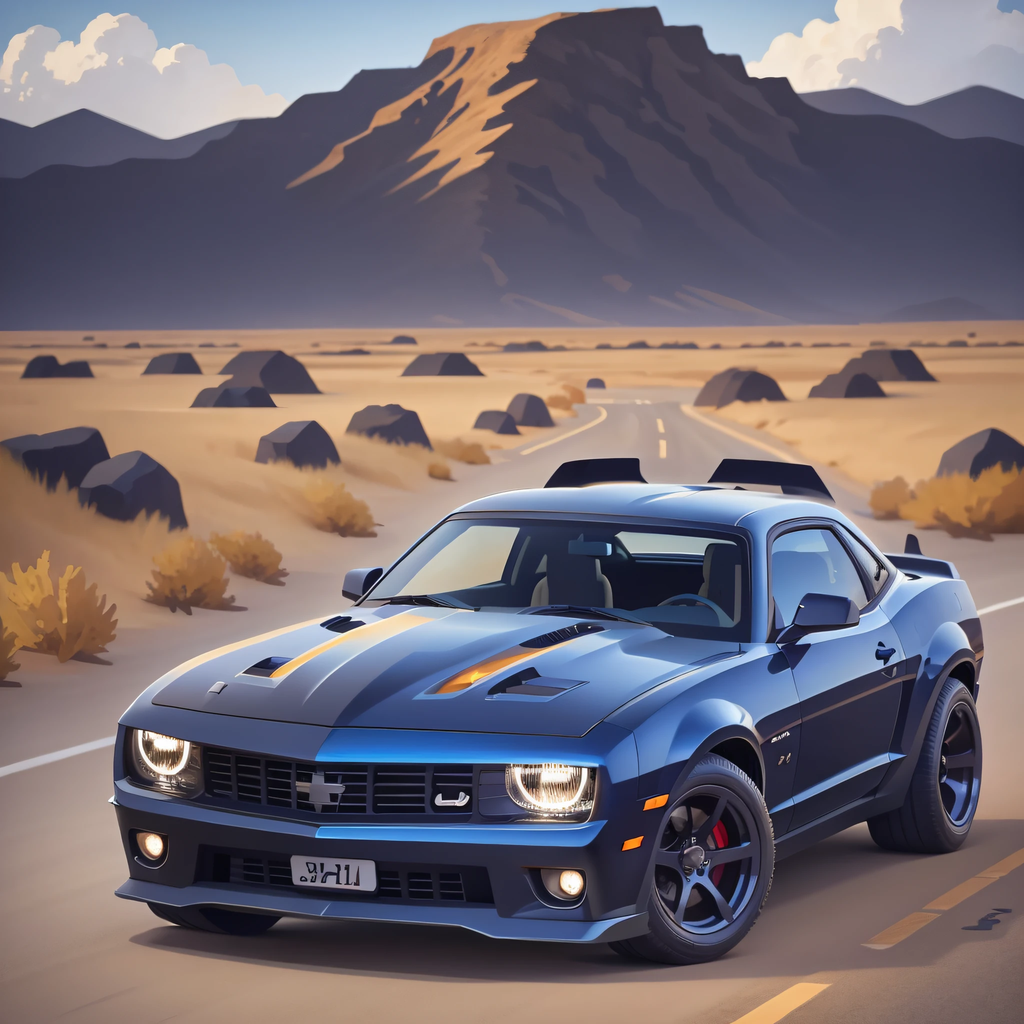 black and blue camaro on the desert road