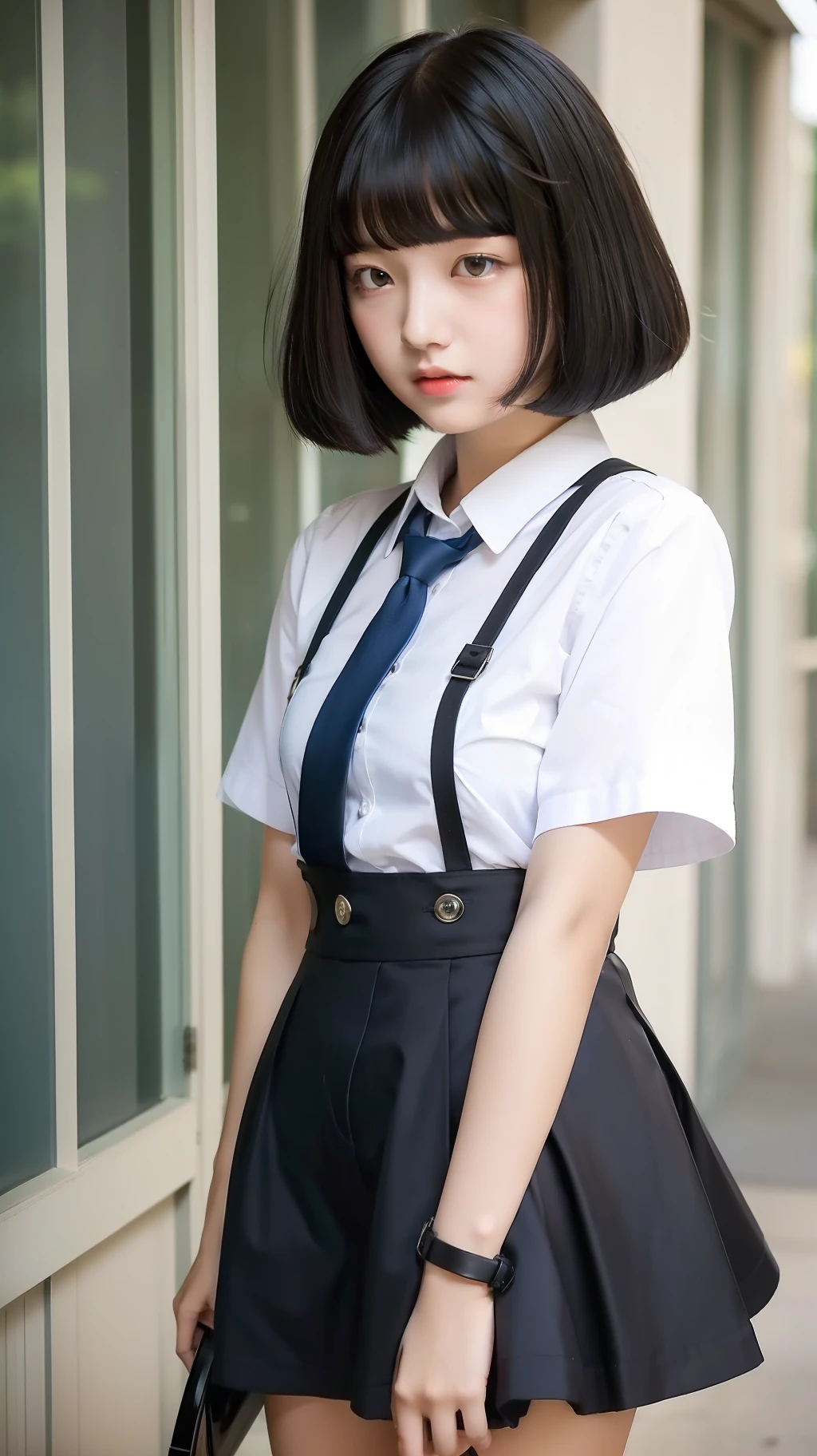 Looking at camera, beautiful high school girl with black hair bob cut, summer uniform