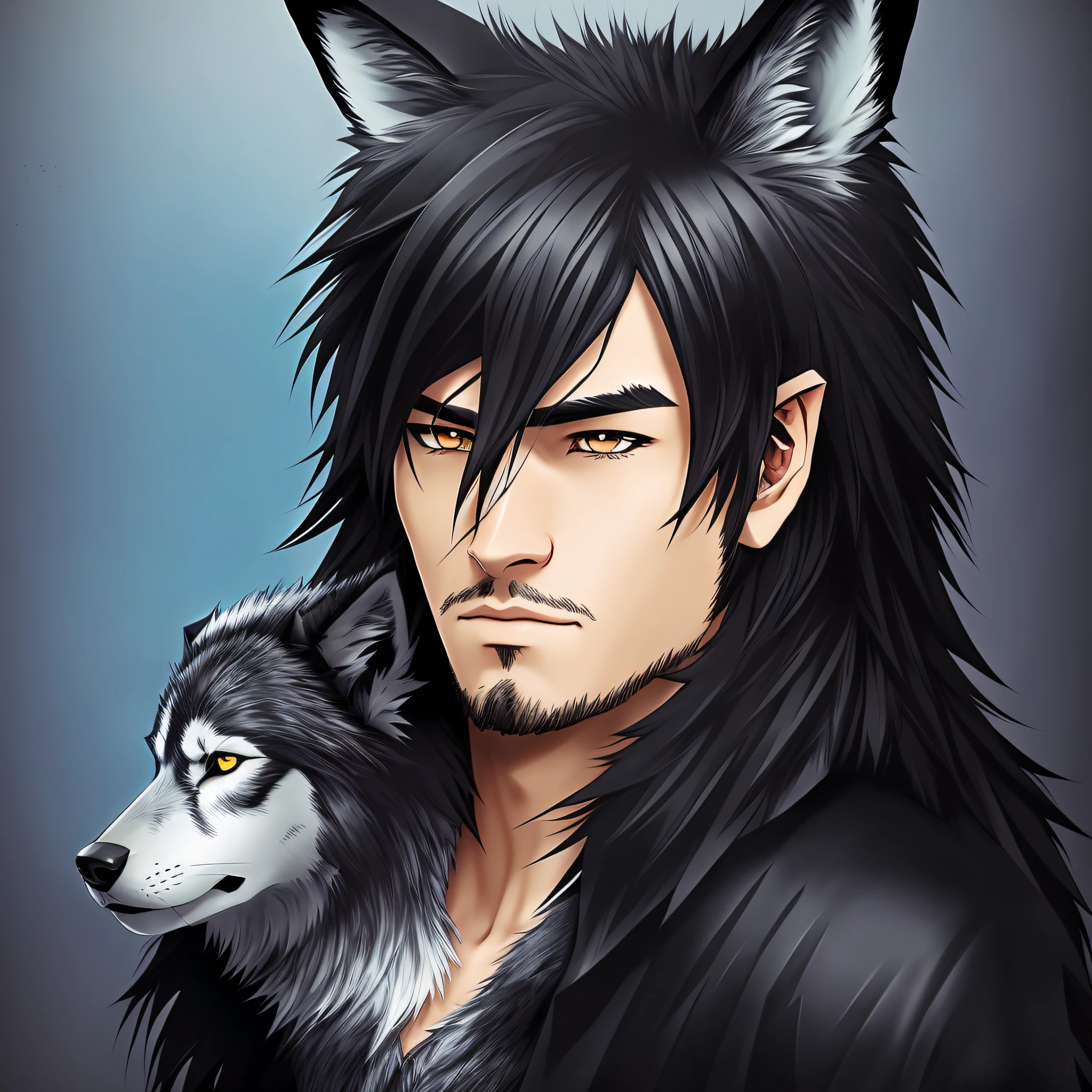 anime character with a wolf on his shoulder, handsome anime man, realistic anime art style, male anime style, anthropomorphic wolf male, realistic anime art style, anime portrait of a handsome man, furry wolf, he has yellow wolf eyes, anthro wolf face, anime style, advanced digital anime art, Fantasy male portrait, in an anime style, with dark circles