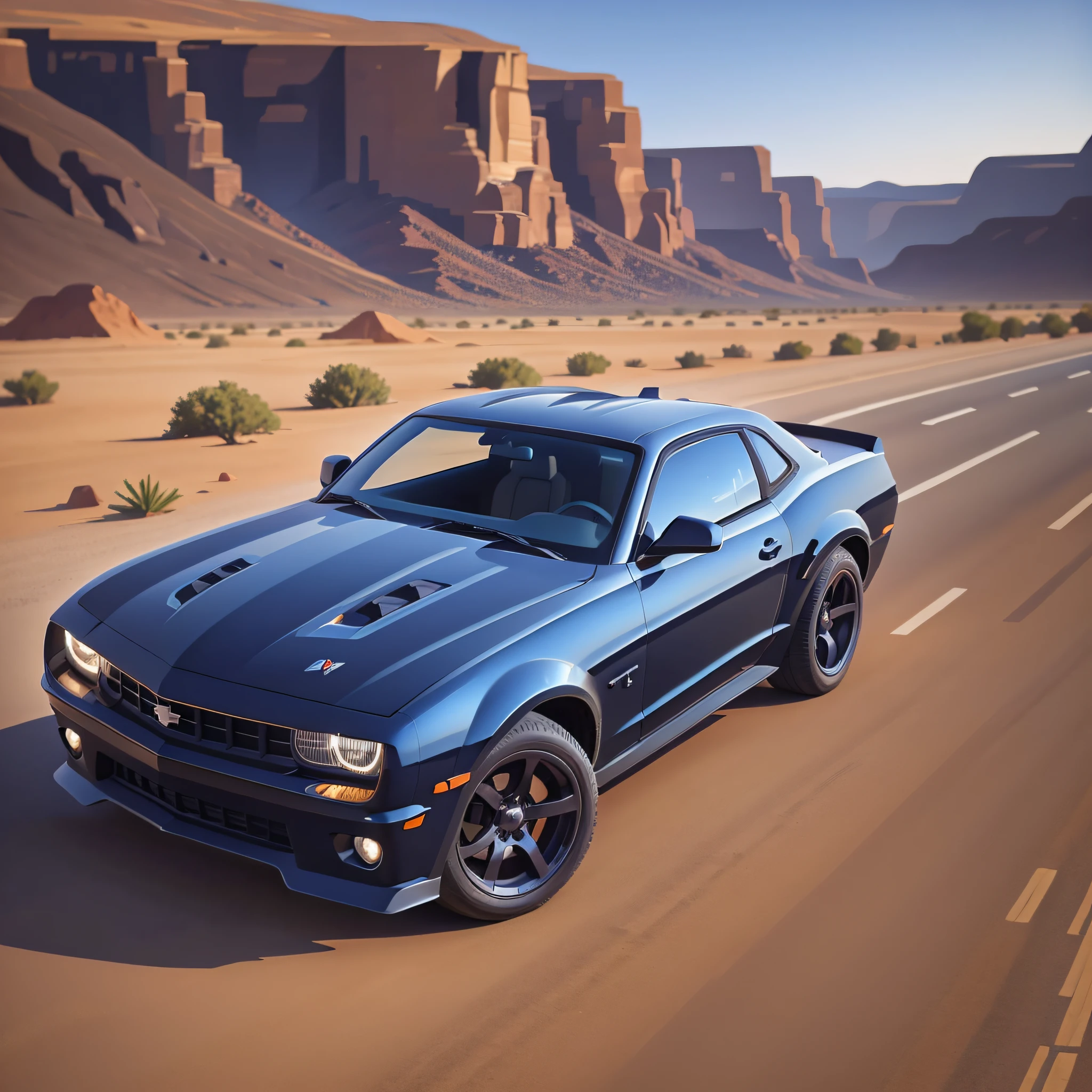 black and blue camaro on the desert road