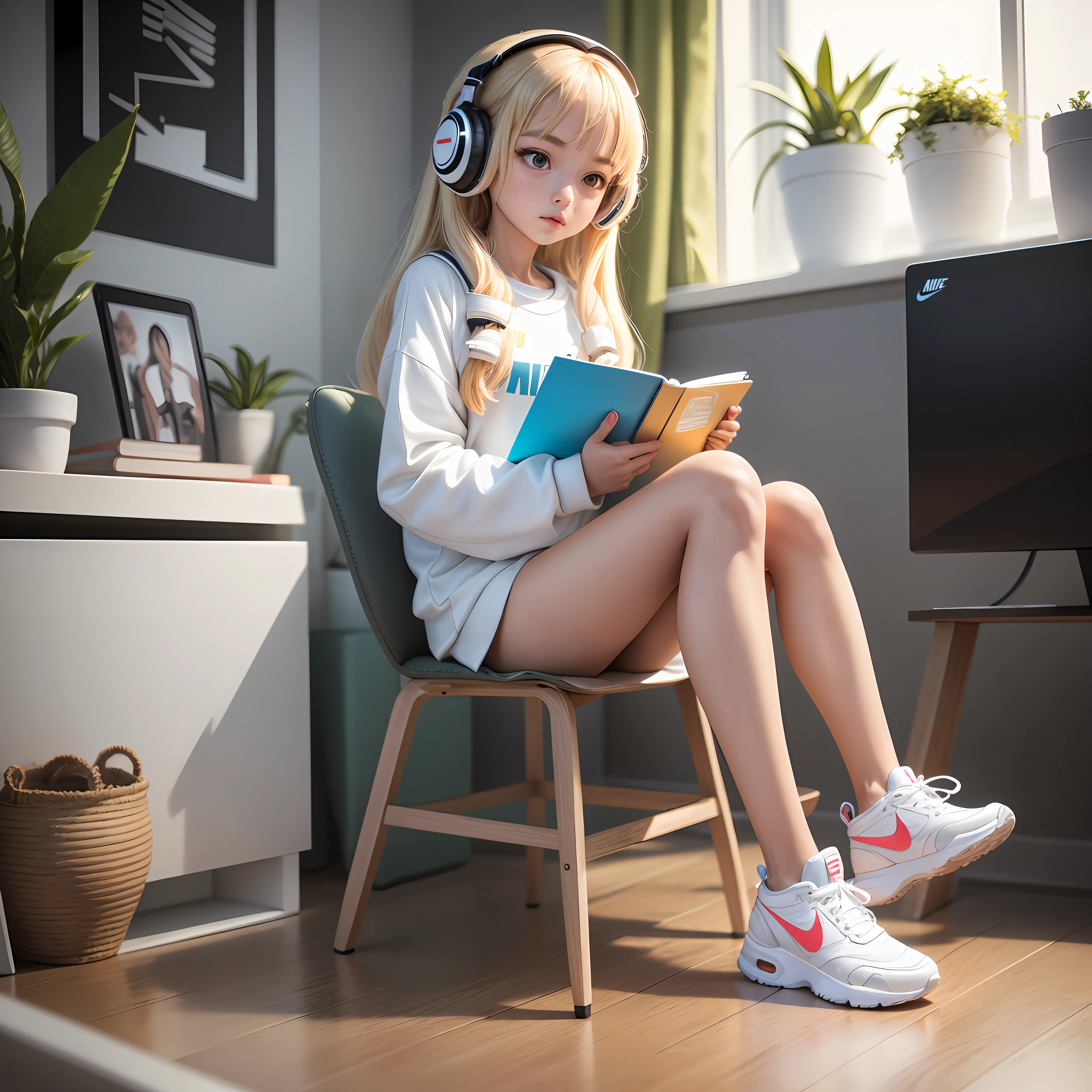 ((Best Quality)), ((Masterpiece)), (detailed), (Full body: 1.2), designer girl in white, playing with computer, wearing btats headphones, with book and potant plants on table, Nike sneakers, warm and comfortable, chibi, cute, 3D, studio lighting, minimum, depth of field, dribbling, Behance, quasi-object, 16K,