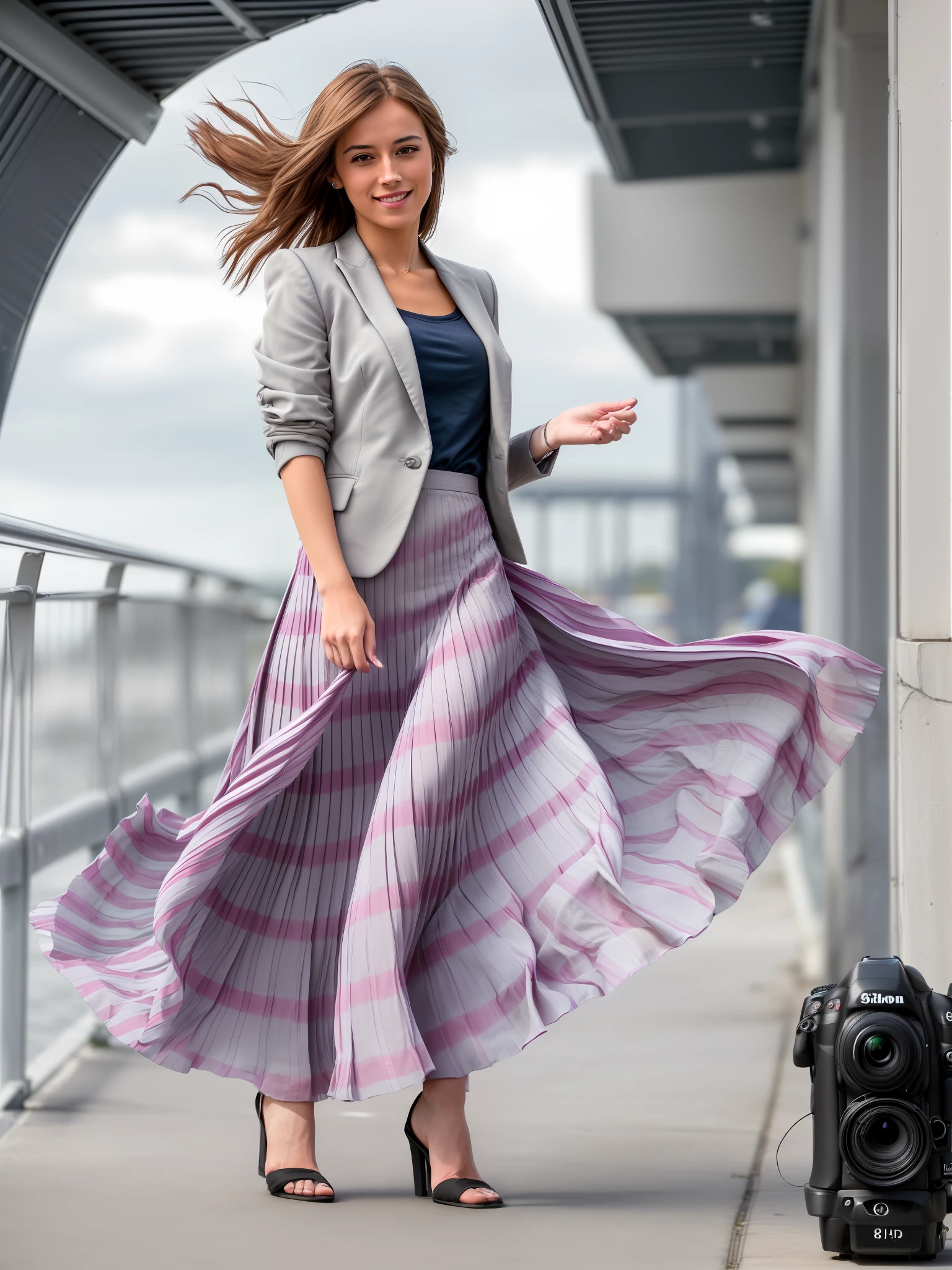 (8k UHD, DSLR, high fidelity, f/8, iso 100 photograph of a tender, compassionate, kind, flirty, shy smile, attractive, pretty, cute woman who is going to love you and kiss you and she is wearing a long pleated skirt and short blazer), (wind blowing, windy:0,1)