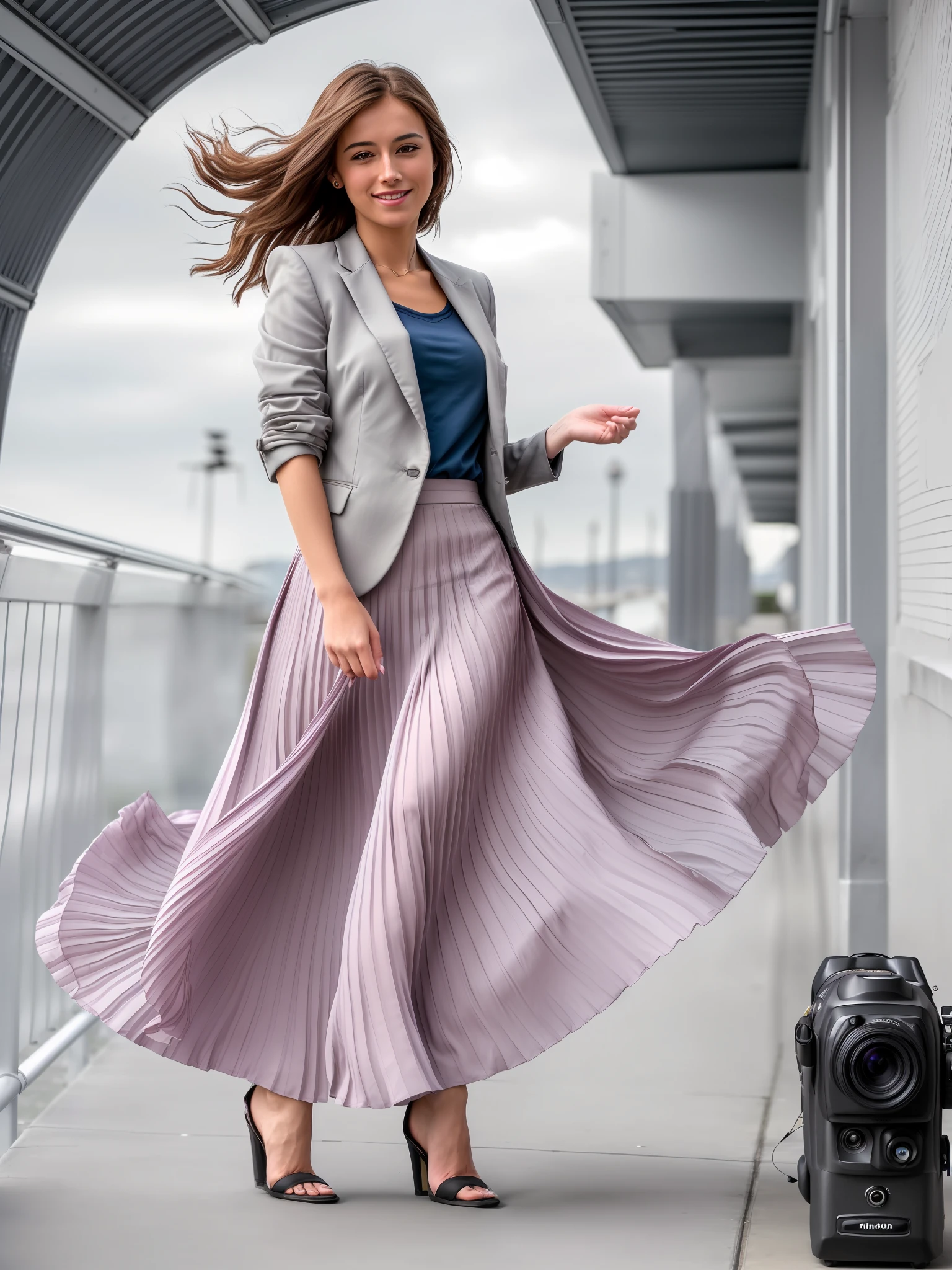 (8k UHD, DSLR, high fidelity, f/8, iso 100 photograph of a tender, compassionate, kind, flirty, shy smile, attractive, pretty, cute woman who is going to love you and kiss you and she is wearing a long pleated skirt and short blazer), (wind blowing, windy:0,1)