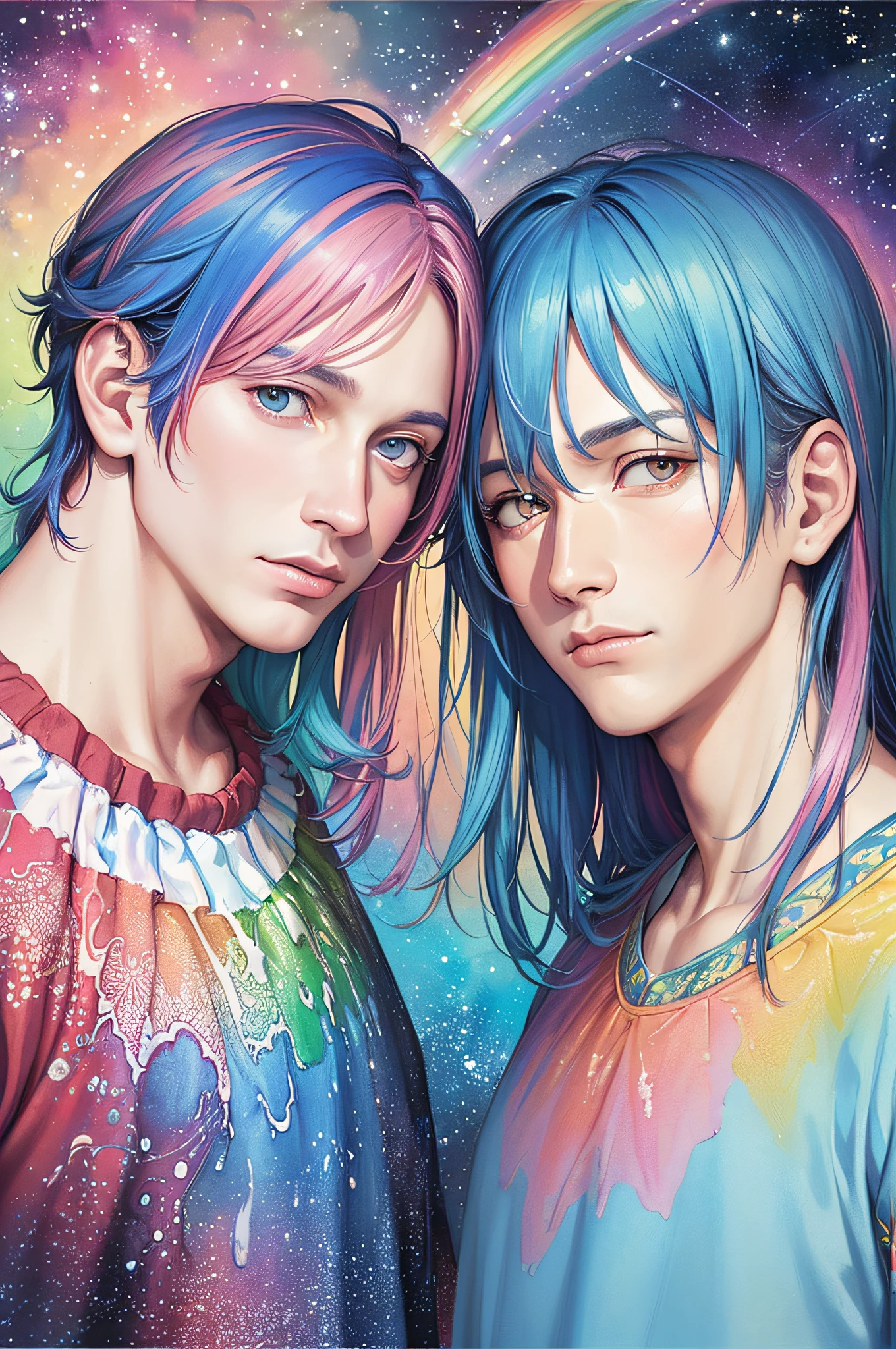 (masterpiece, top quality, best quality, watercolor (medium), official art, (fractal art: 1,3), Father and son, upper body, sideways, looking at the viewer, patterns, (rainbow color Hair,colored hair,hair half blue and half pink:1.2),water,liquid,cloud,colorful,starry,stars,