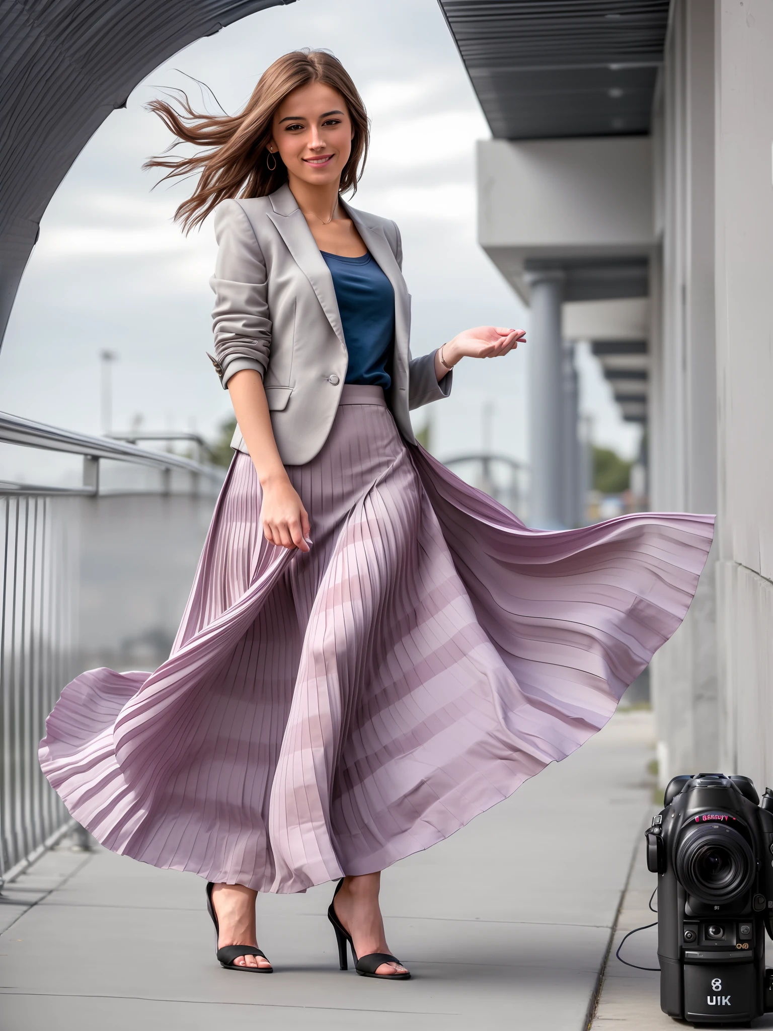(8k UHD, DSLR, high fidelity, f/8, iso 100 photograph of a tender, compassionate, kind, flirty, shy smile, attractive, pretty, cute woman who is going to love you and kiss you and she is wearing a long pleated skirt and short blazer), (wind blowing, windy:0,1)