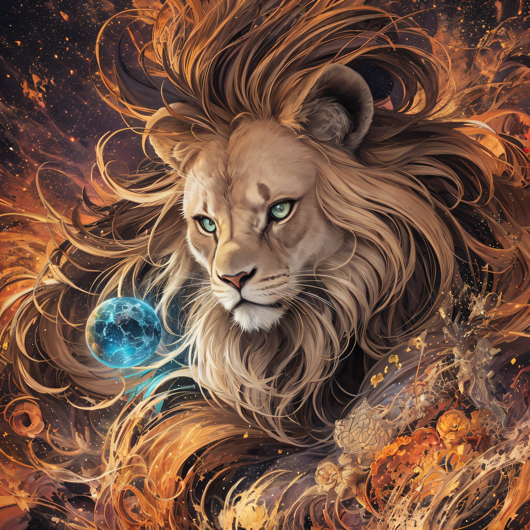lion sirius giving a big roar, universe background,cosmos, brown lion mane hair, DMT, sacred, psychedelic, psychedelic design, Aura, becoming spiritual, 8k, artstation. The art should have photo-realistic, ultra-realistic, hyper-realistic, vector 3d anime style, full 3d shot, standing pose, cosmic, outer space and fire colors Art styles, highly detailed symmetrical hazelnut eyes, highly detailed gorgeous face, dynamic pose, ethereal, mystical, splatter drippings, paper texture, perfect shading, with dramatic lighting. The artwork should be centralized, stylized, and elaborated