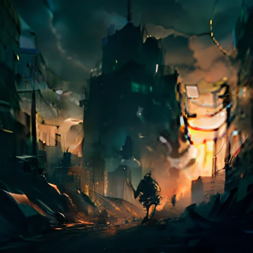 Post-apocalyptic world, city in ruins, scary creatures roam the streets, fortified building, apocalypse survivor base --auto --s2