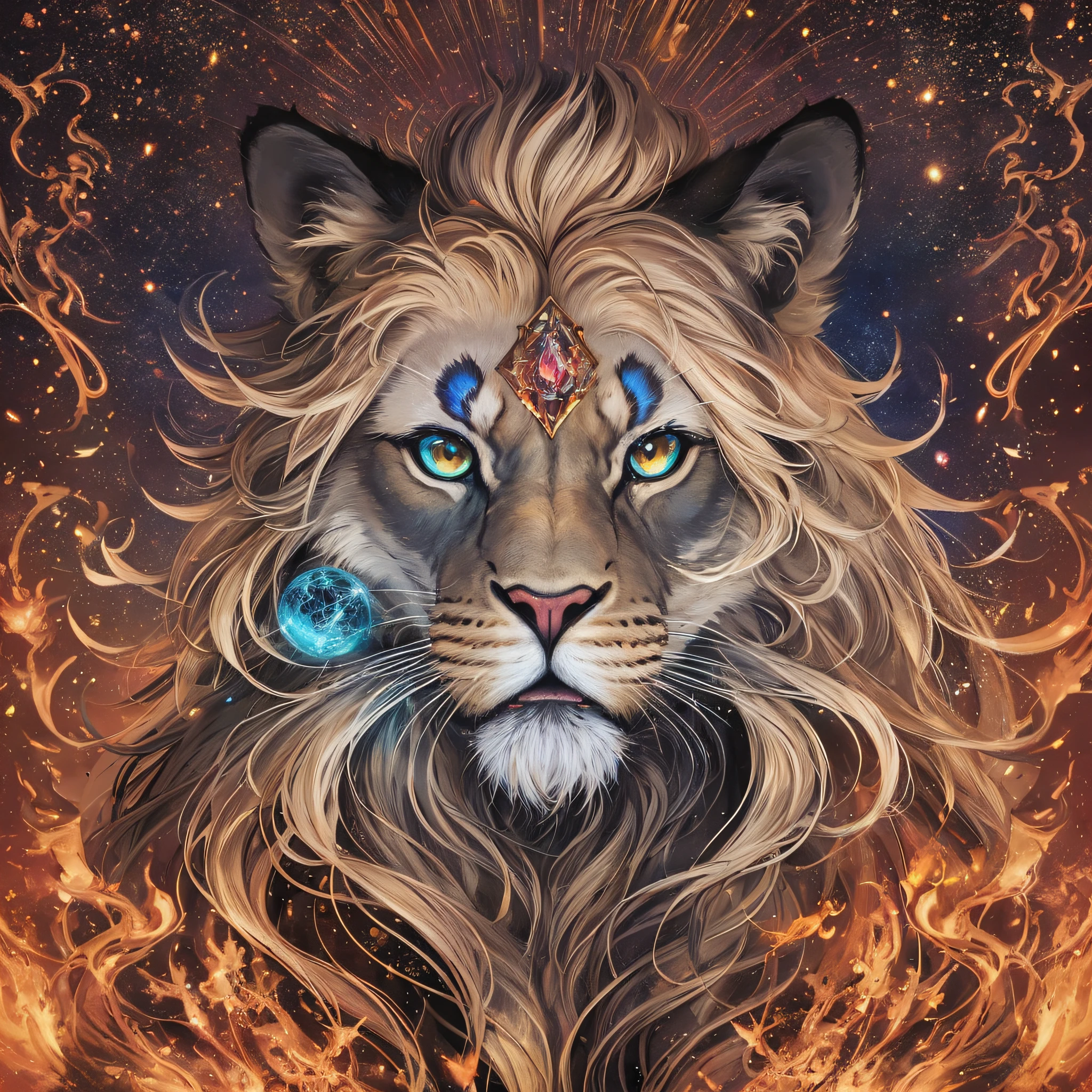 lion sirius giving a big roar, universe background,cosmos, brown lion mane hair, DMT, sacred, psychedelic, psychedelic design, Aura, becoming spiritual, 8k, artstation. The art should have photo-realistic, ultra-realistic, hyper-realistic, vector 3d anime style, full 3d shot, standing pose, cosmic, outer space and fire colors Art styles, highly detailed symmetrical hazelnut eyes, highly detailed gorgeous face, dynamic pose, ethereal, mystical, splatter drippings, paper texture, perfect shading, with dramatic lighting. The artwork should be centralized, stylized, and elaborated