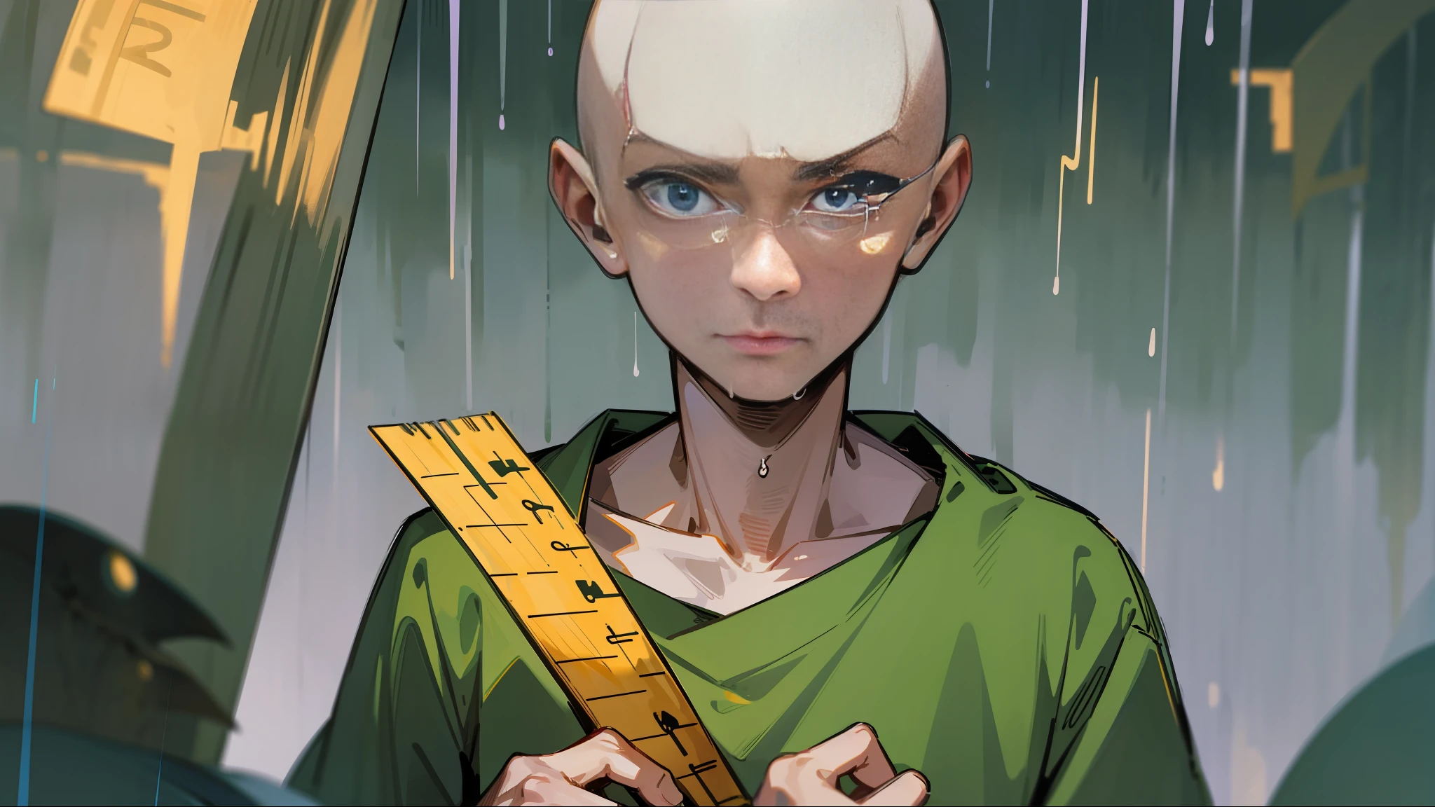 A bald man, baldi, Baldi's Basics in Education and Learning, looking sad, it's raining, green sweater, human body, human eye, rain, 1man, he looks to the sky, blue light, violet light, beige skin, 18 years old, no beard, no mustache, no hair, nasty, dark look, sneaky look, deluge, a yellow ruler in hand, furax, night