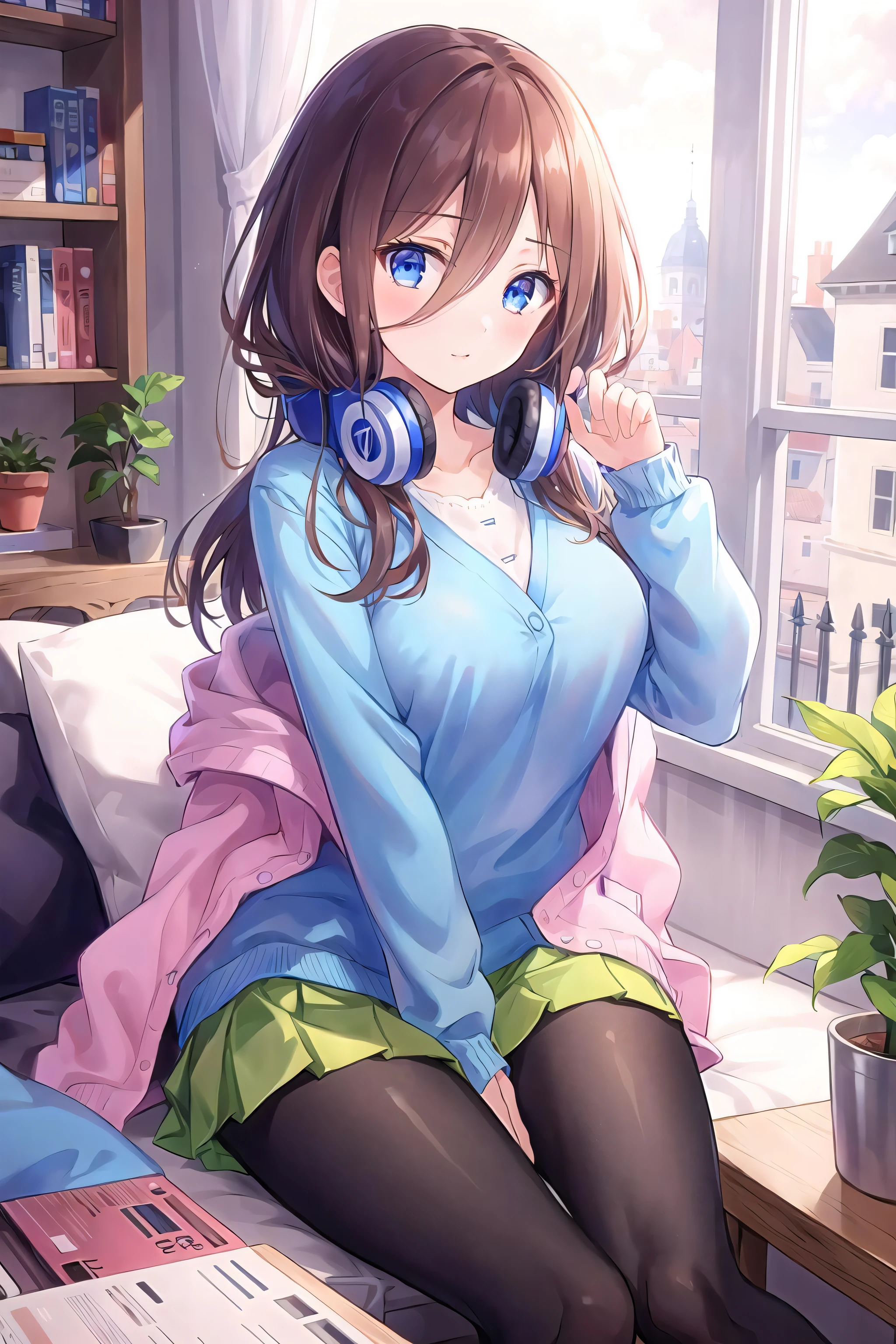 absurdres, best quality, 1girl, solo, eye focus, looking at viewer, Miku, Blue Cardigan, brown hair