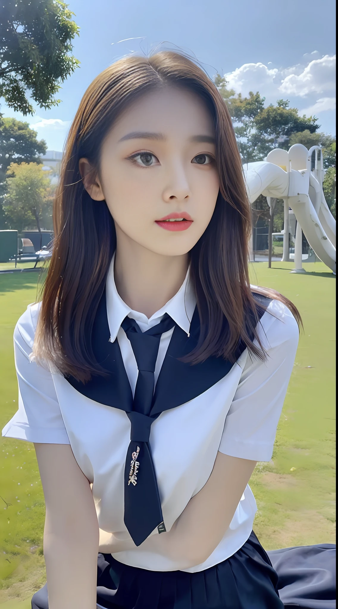 ((Best Quality, 8K, Masterpiece: 1.3)), Focus: 1.2, Perfect Body Beauty: 1.4, Buttocks: 1.2, (Layered Haircut 1.2)), (Garden: 1.3), Fashion Shirt School Uniform: 1.1, Short Skirt: 1.1, Highly Detailed Face and Skin Texture, Fine Eyes, Double Eyelids, Whitened Skin, Long Hair, (Shut Up: 1.3), (Expressionless: 1.3), Under Blue Sky and White Clouds, College Campus Playground, Sitting on the Grass