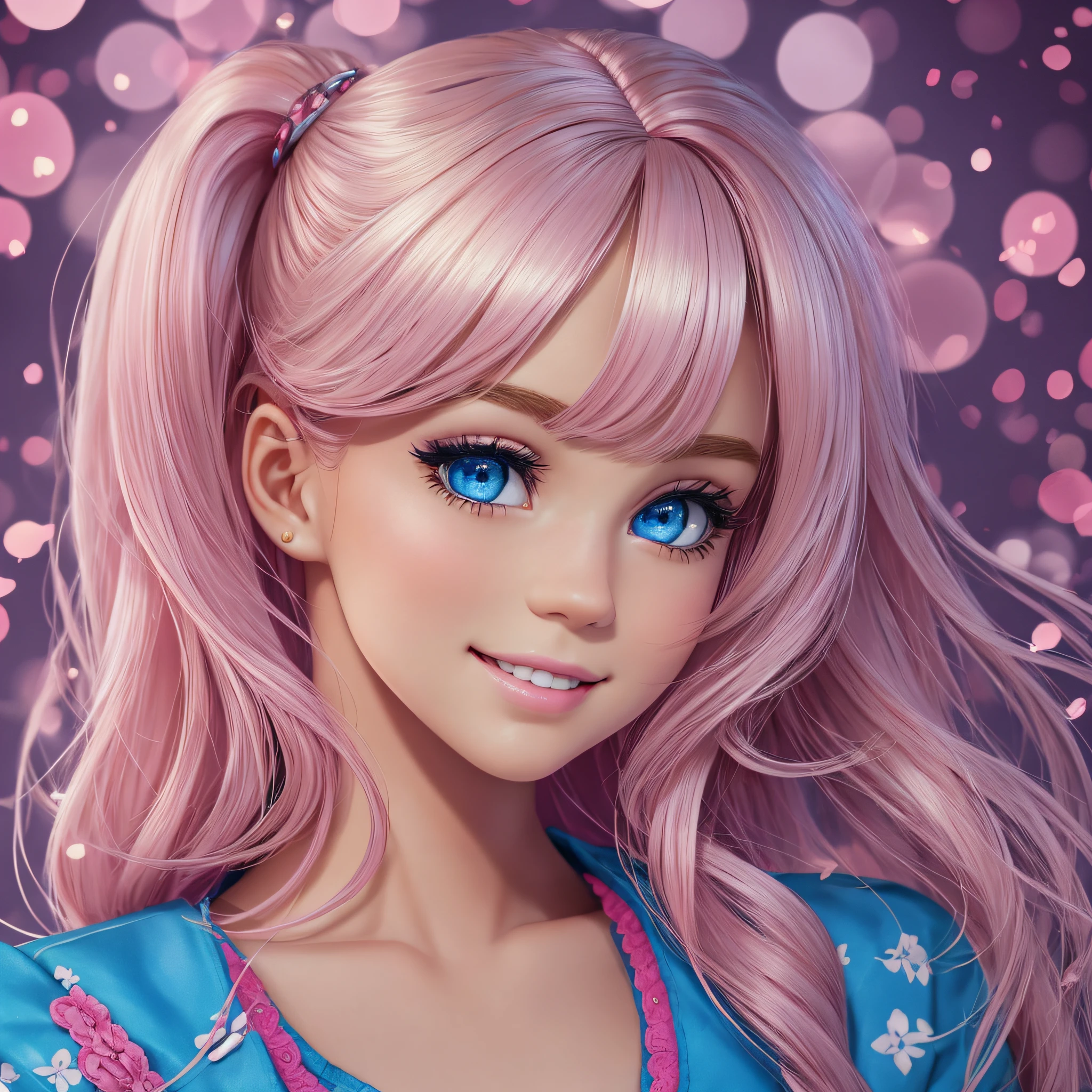 posed illustration, pop, realistic, barbie style, live action, very cute, beautiful smile, beautiful face, blush, well-groomed face, beautiful woman, beautiful blue eyes, bangs between the eyebrows, very cute, perfect anatomy, (blue eyes ), peach fuzz , messy hair, blonde hair, narrow waist, absurd, 8k resolution, human hands, highly detailed, smooth, stunningly beautiful, teen, detailed hairstyle, pink clothes, fashion, barbie style. --auto --s2