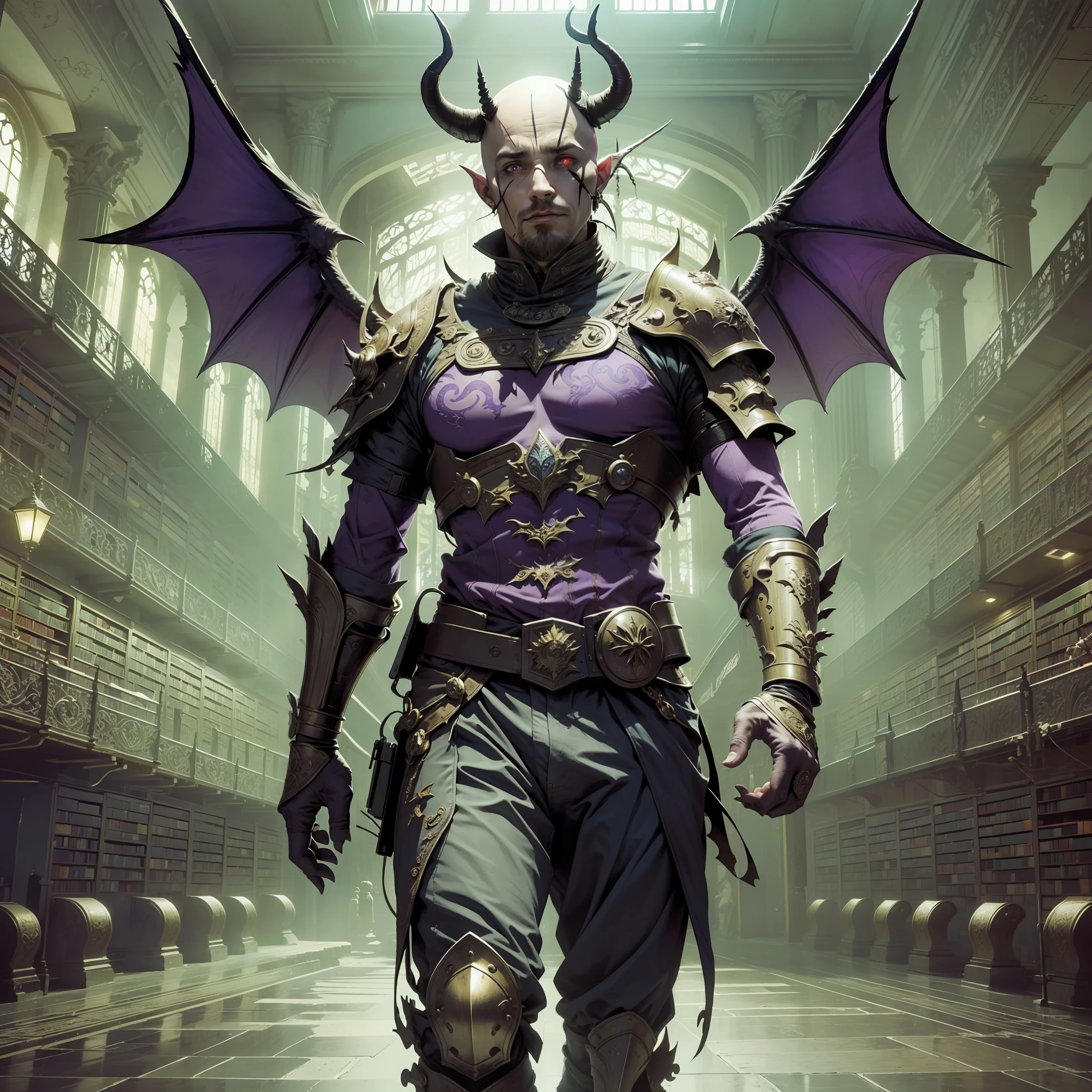(extremely detailed 8k wallpaper),a full body shot photo of a fearful undead male winged purple skin, (bald:1.2), cocky face,(cocky smile:0.8),beautiful face,(forehead horns:1.3),glowing red eyes,(thin:1.2), wearing old medieval pants, 2 big bat wings,intricate, perfect hands, perfect fingers, high detail, dramatic, dark, (background of the interior of library in flames:1.3), dark_fantasy.