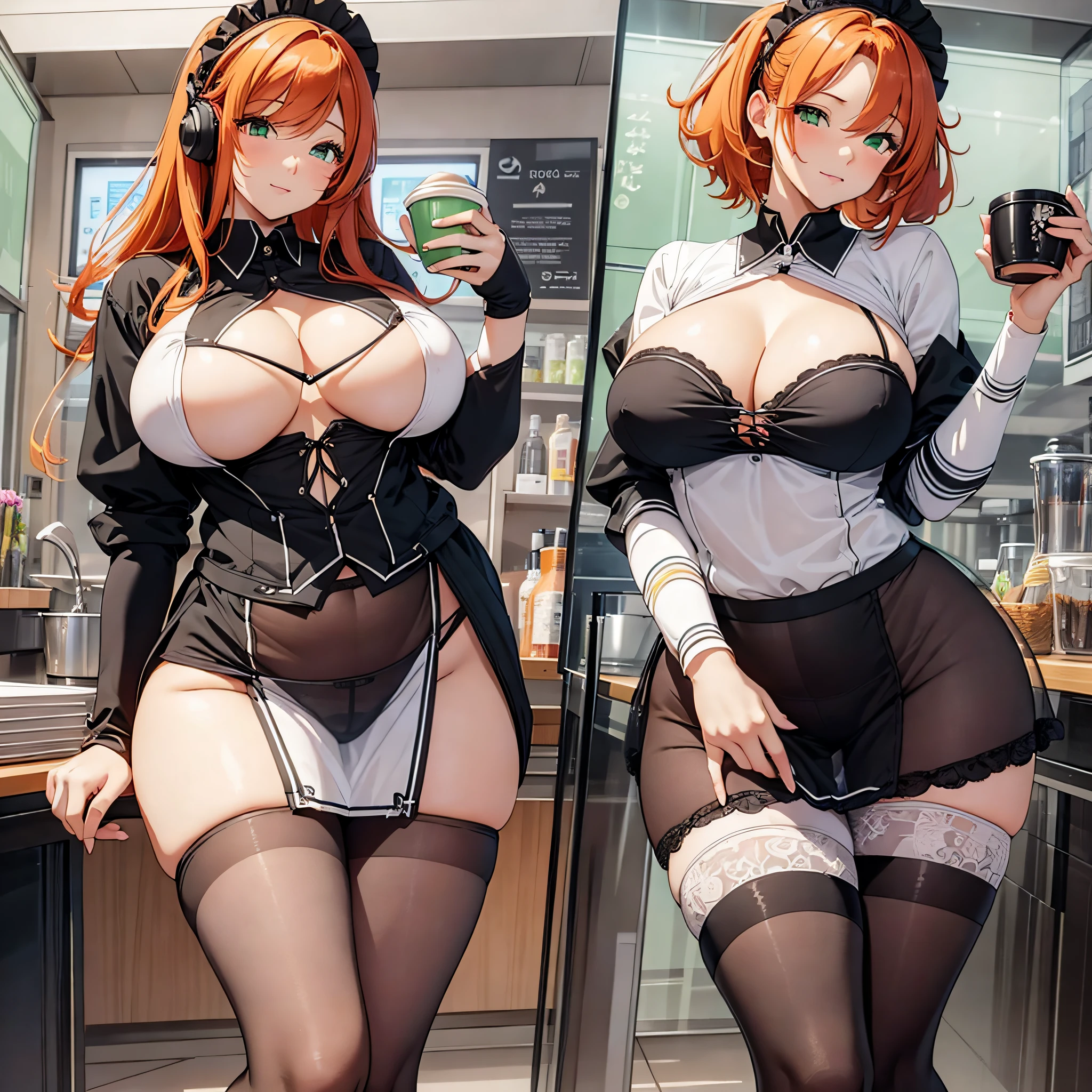 /draw ai_generated curvy_body curvy_female curvy_figure The average cup size female_only huge_breasts looking_at_viewer +maid solo_female solo_focus stable_diffusion waitress orange_hair green_eyes lifts the skirt showing black panties legs in pantyhose --auto --s2