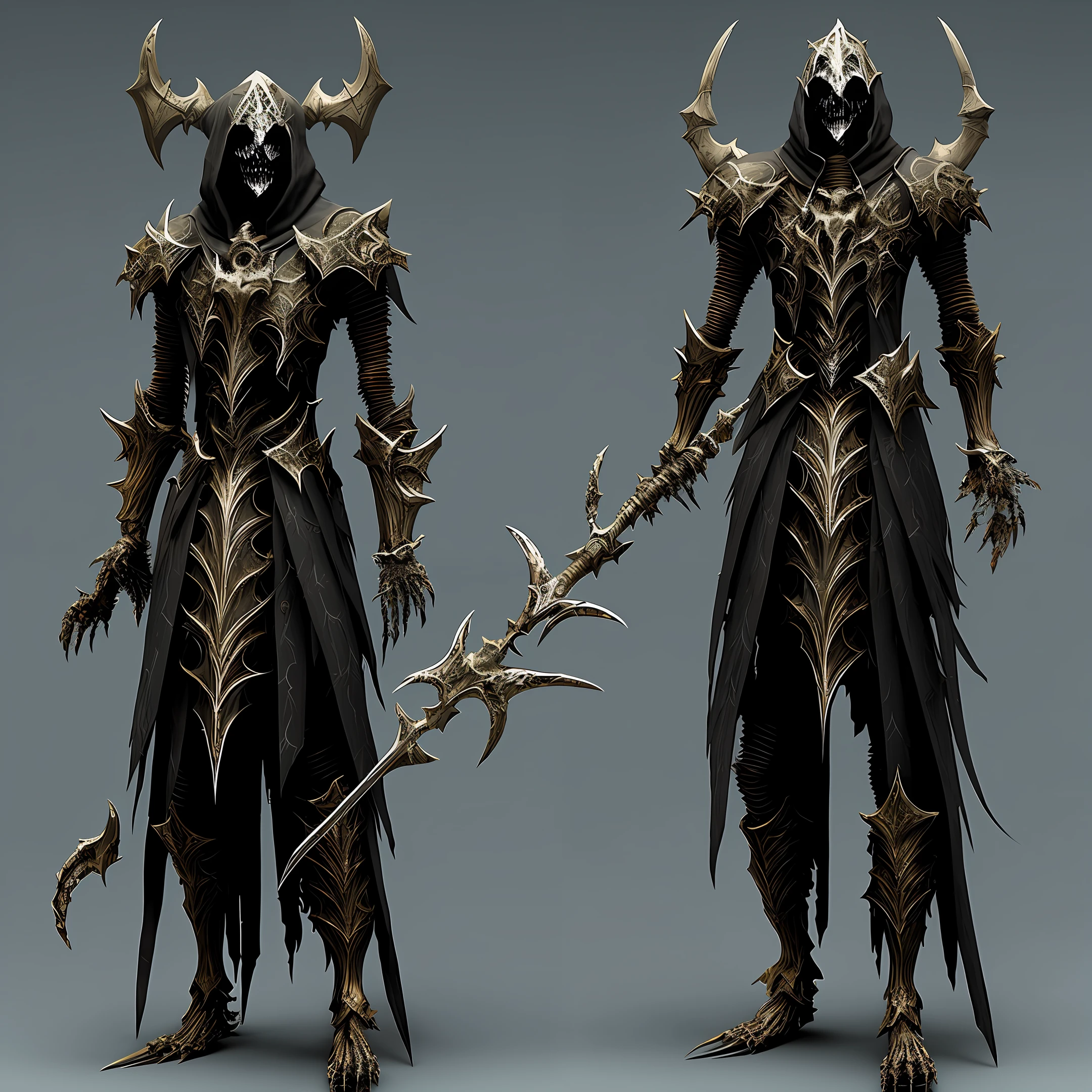 Necromancer, armor, armor of bones, glowing eyes, bones coming out of the flesh, exoskeleton, sickle, bone blade, bone sickle.