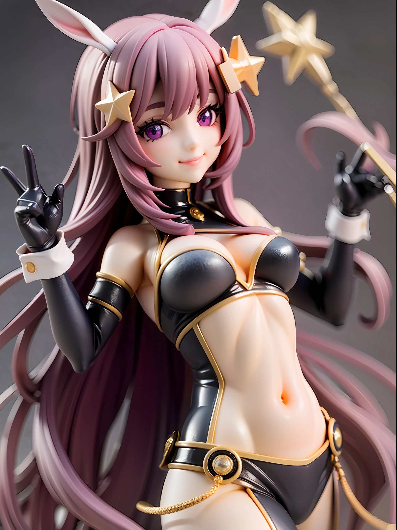 girl, idol costume, dark purple hair, straight long hair, star-shaped marks in the eyes, poor gloves, rabbit face hair ornament, smile, bangs flowing to the side, cheerful, on stage,