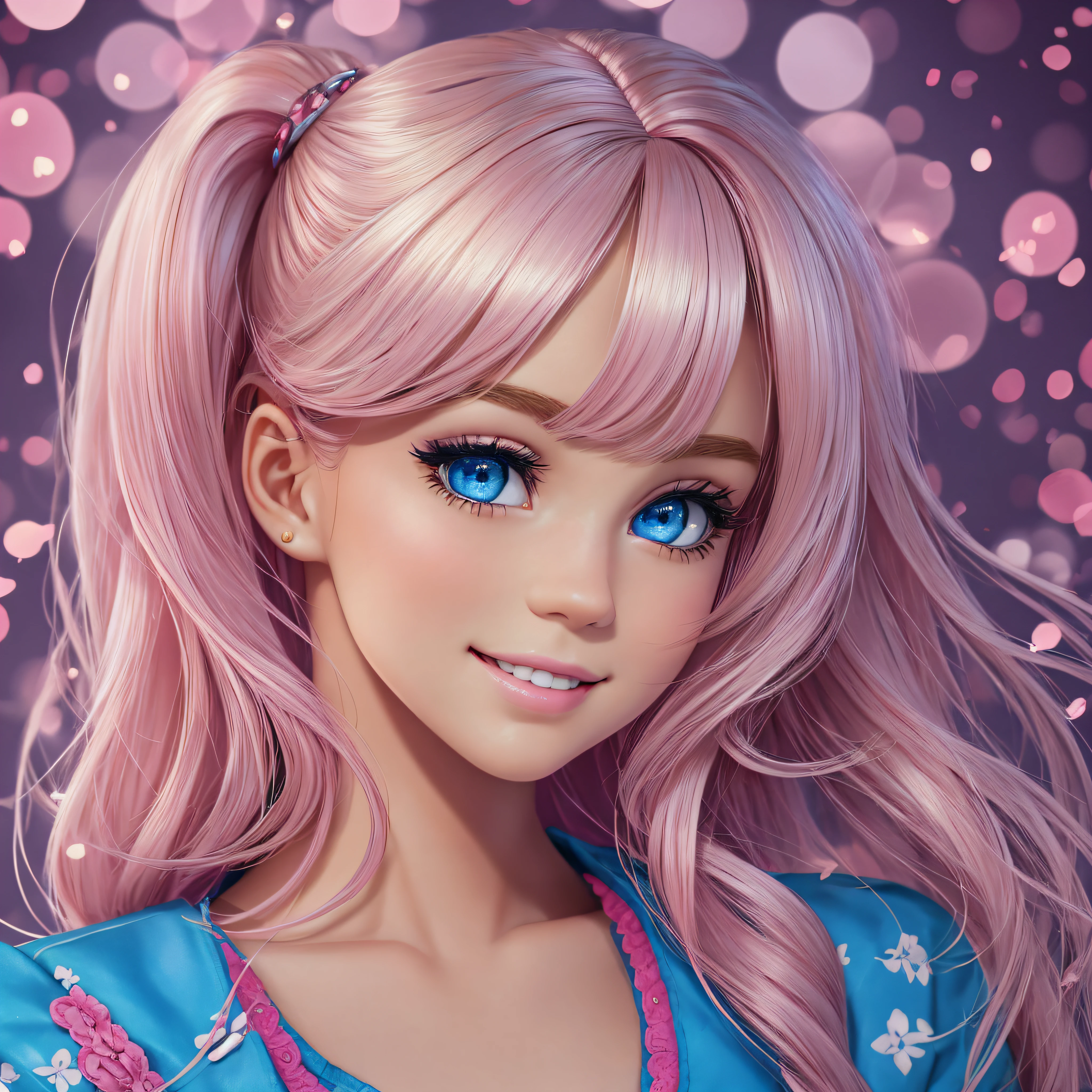 posed illustration, pop, realistic, barbie style, live action, very cute, beautiful smile, beautiful face, blush, well-groomed face, beautiful woman, beautiful blue eyes, bangs between the eyebrows, very cute, perfect anatomy, (blue eyes ), peach fuzz , messy hair, blonde hair, narrow waist, absurd, 8k resolution, human hands, highly detailed, smooth, stunningly beautiful, teen, detailed hairstyle, pink clothes, fashion, barbie style. --auto --s2