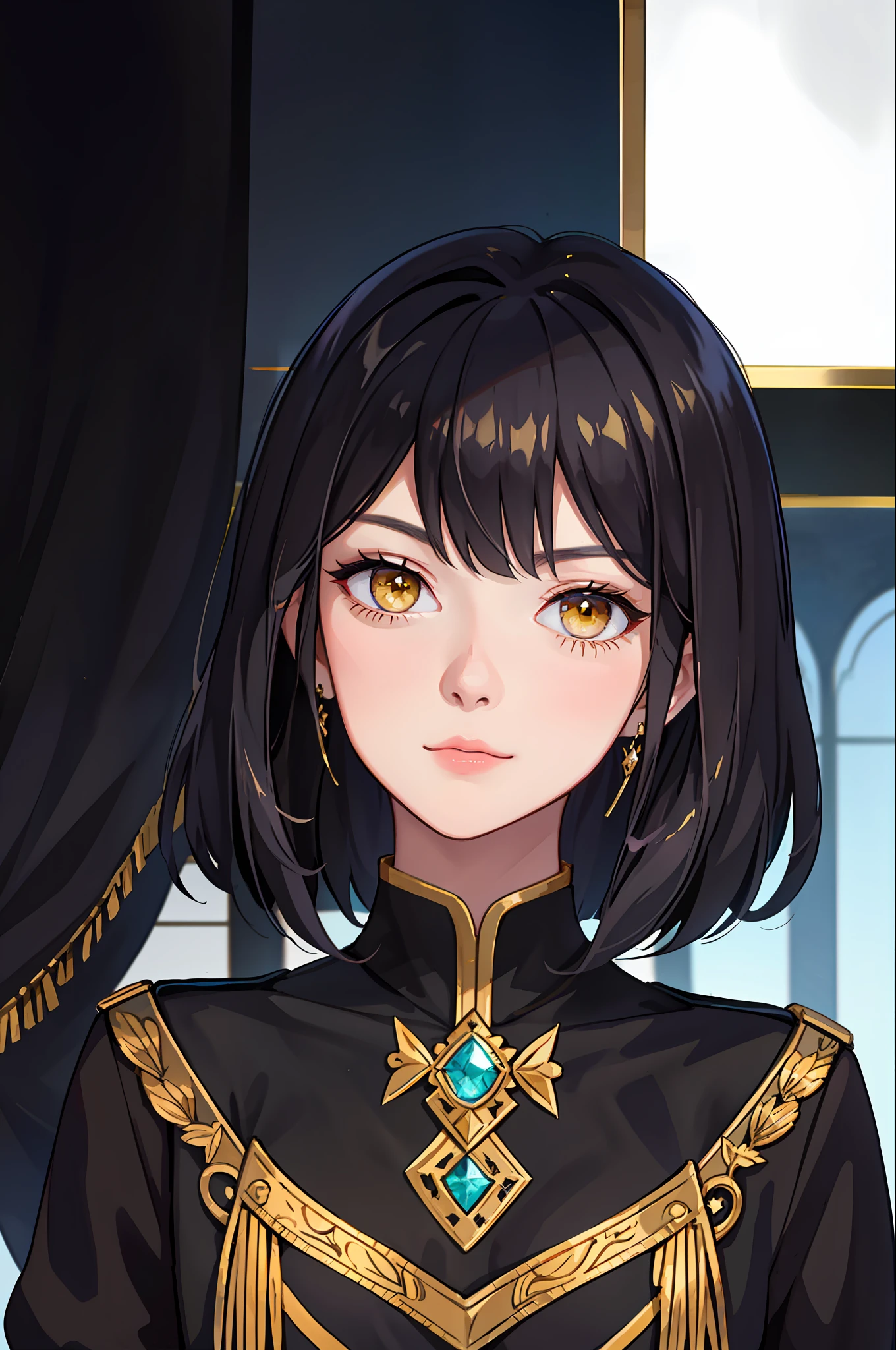Portrait of a beautiful young woman, villain, yellow eyes, black short hair, square, black general's uniform, empire
