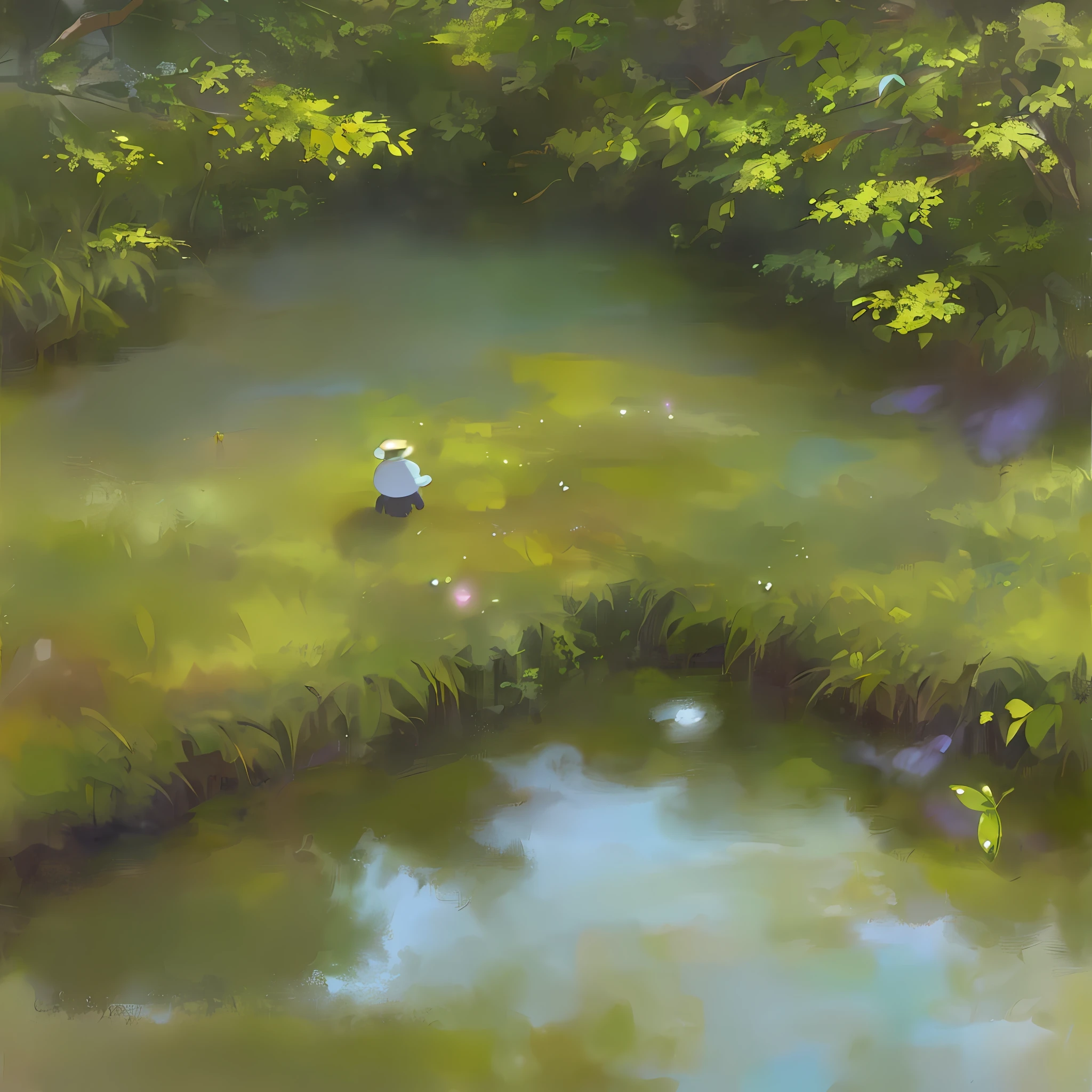 (highest quality)), (no pictures of people), in the forest, by a quiet lake, small wildflowers, stream, transparency, softness, Makoto Deep Sea painting style,, fireflies