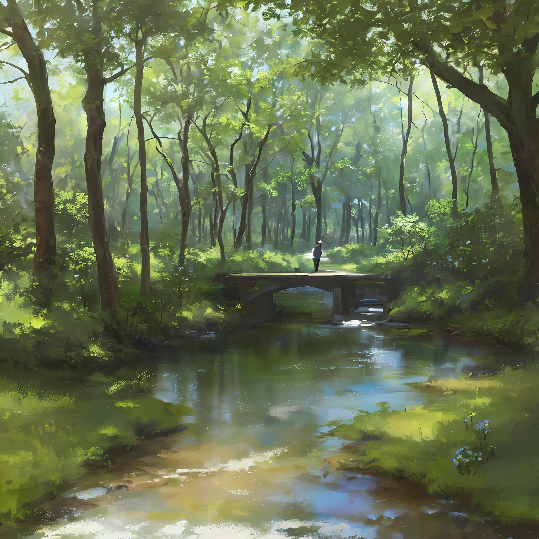 (highest quality)), (no pictures of people), in the forest, by a quiet lake, small wildflowers, stream, transparency, softness, Makoto Deep Sea painting style,, fireflies