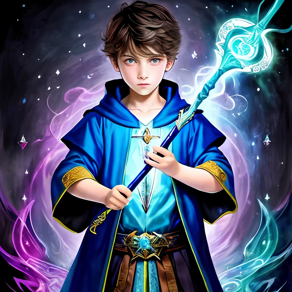 (masterpiece:1.2), (best quality:1.2), perfect eyes, perfect face, perfect lighting, 1boy, young wizard holding a staff that has a lot of magic wizard robes, fluid magic, colorful, fantasy, detailed outer background