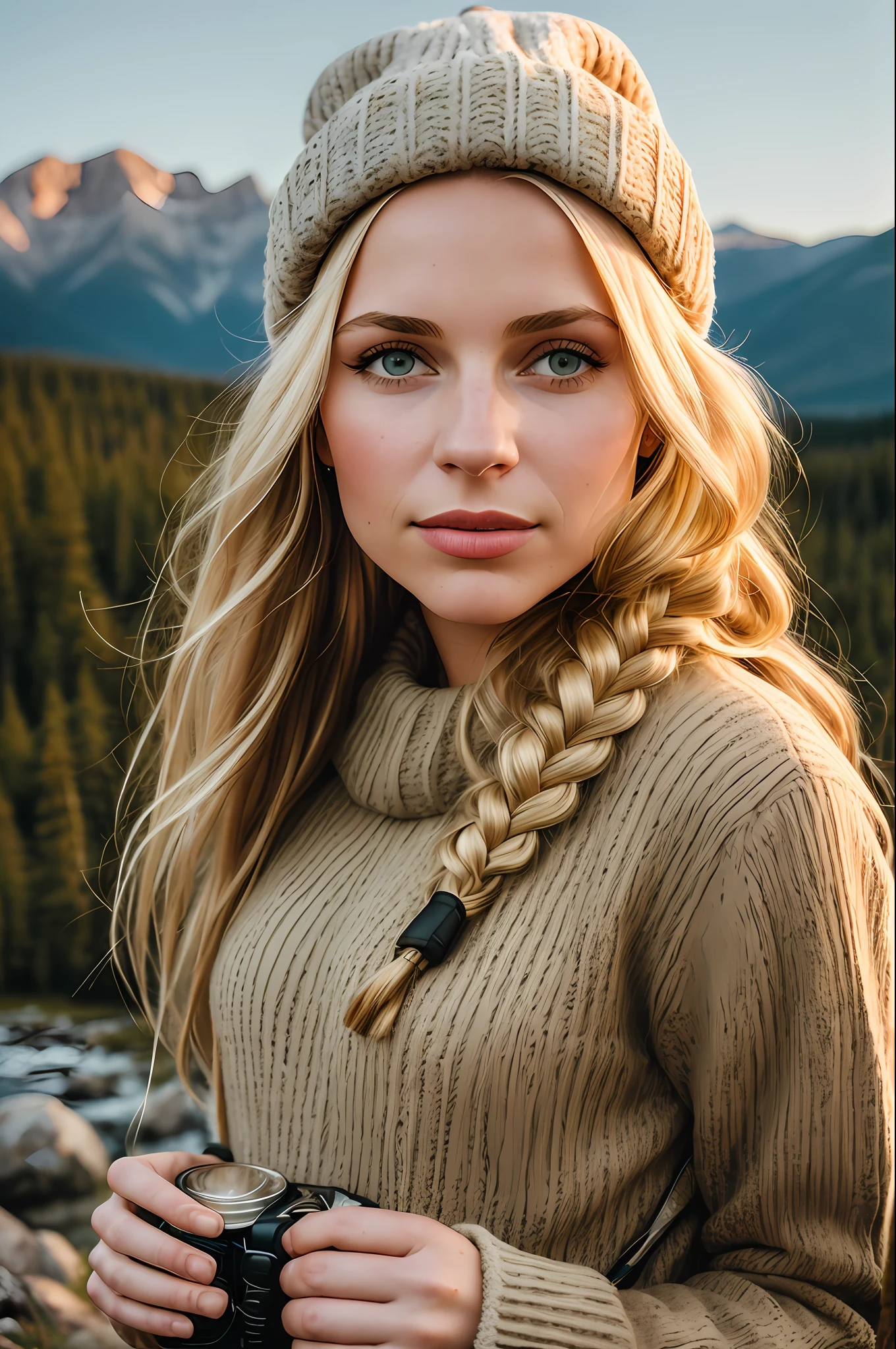 1 beautiful Russian woman, blond braided hair, masterpiece, best quality, ultra-detailed, solo, outdoors, (night), mountains, nature, (stars, moon) cheerful, happy, backpack, sleeping bag, camping stove, water bottle, mountain boots, gloves, sweater, hat, flashlight, forest, rocks, river, wood, smoke, shadows, contrast, clear sky, analog style (look at viewer:1.2) (skin texture) (film grain:1.3), (warm hue, warm tone) :1.2), close up, cinematic light, sidelighting, ultra high res, best shadow, RAW, upper body, wearing pullover