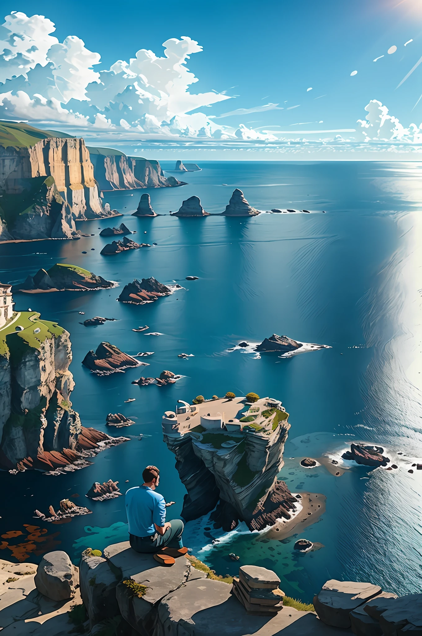 there is a man sitting on a cliff overlooking the ocean, max rive, ocean cliff view, breathtaking scenery, by Alexander Kucharsky, by Etienne Delessert, alexey egorov, breathtaking landscape, epic matte painting of an island, epic scenic shot, epic and stunning, cliffside ocean scene, amazing landscape in background, breathtaking shot, amazing landscape