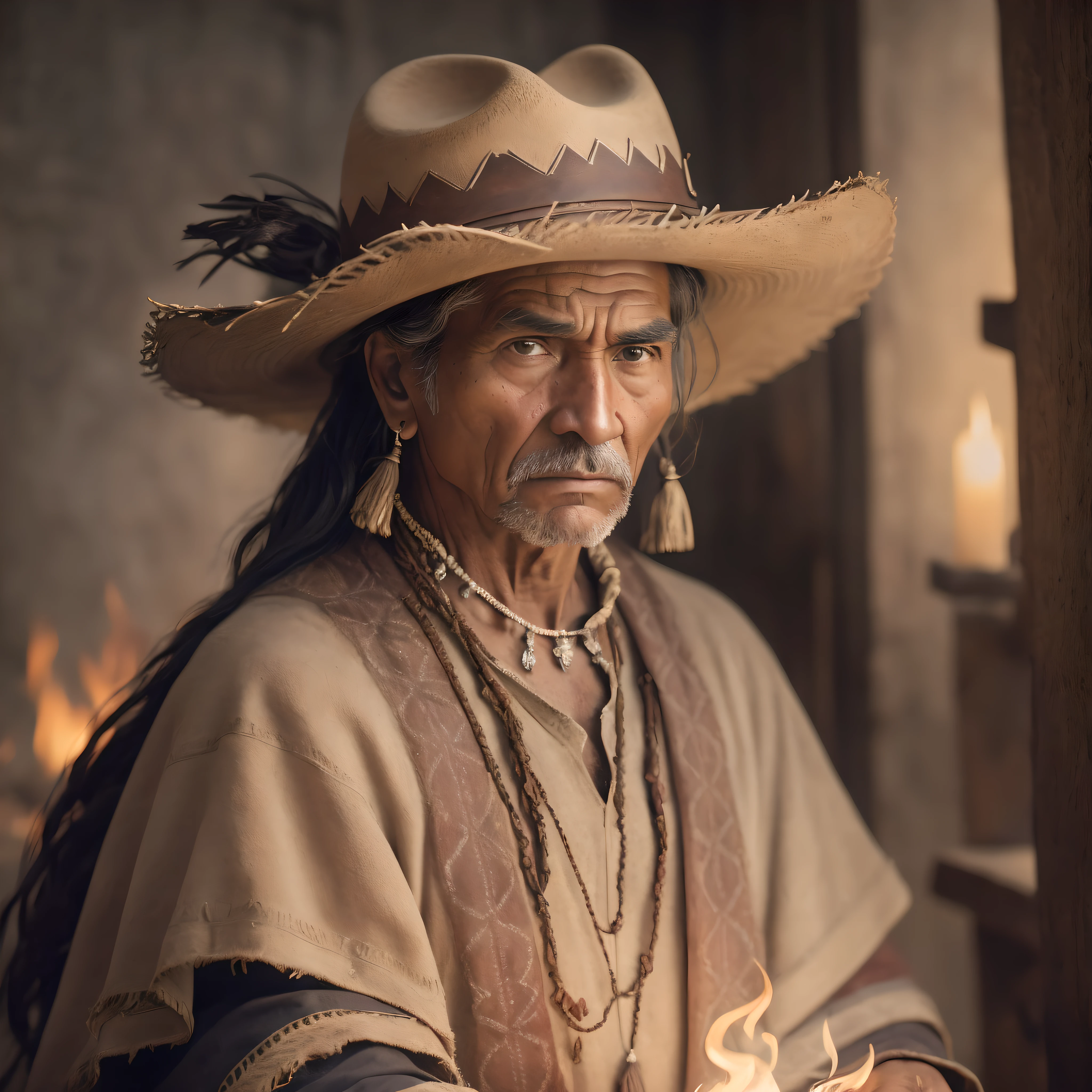 (High quality: 1.3), cinematic shot, masterpiece, (sharp focus: 1.5), (photorealistic: 1.3), medium portrait of ( tired-looking but still proud and american boy Indian strong and old in a cowboy hat and poncho, some torches burn on the walls, giving the scene a somber atmosphere, but carving the shapes in crisp chiaroscuro), it's night, (highly detailed skin), (detailed face), background detailed, dark lighting, twilight lighting, volumetric lighting, intricate details, UHD, --auto --s2