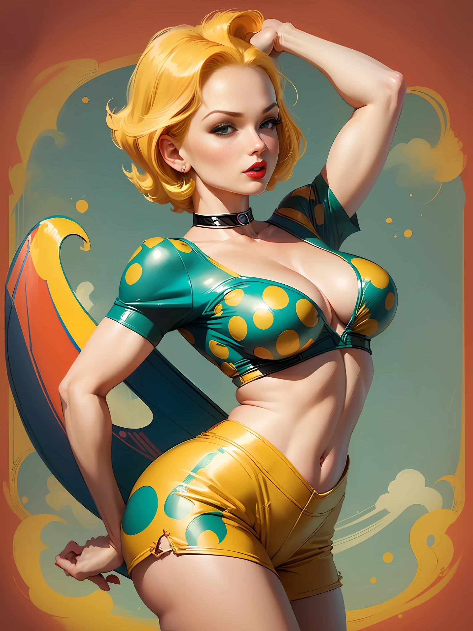 ((in the style of Gil Elvgren or Alberto Vargas)), ((android #18 of dbz,))red lipstick, polka dots, vintage fashion, high-waisted shorts, cropped top, wavy yellow hair, background support plane, pinup style, surfing, vintage illustration, --auto --s2