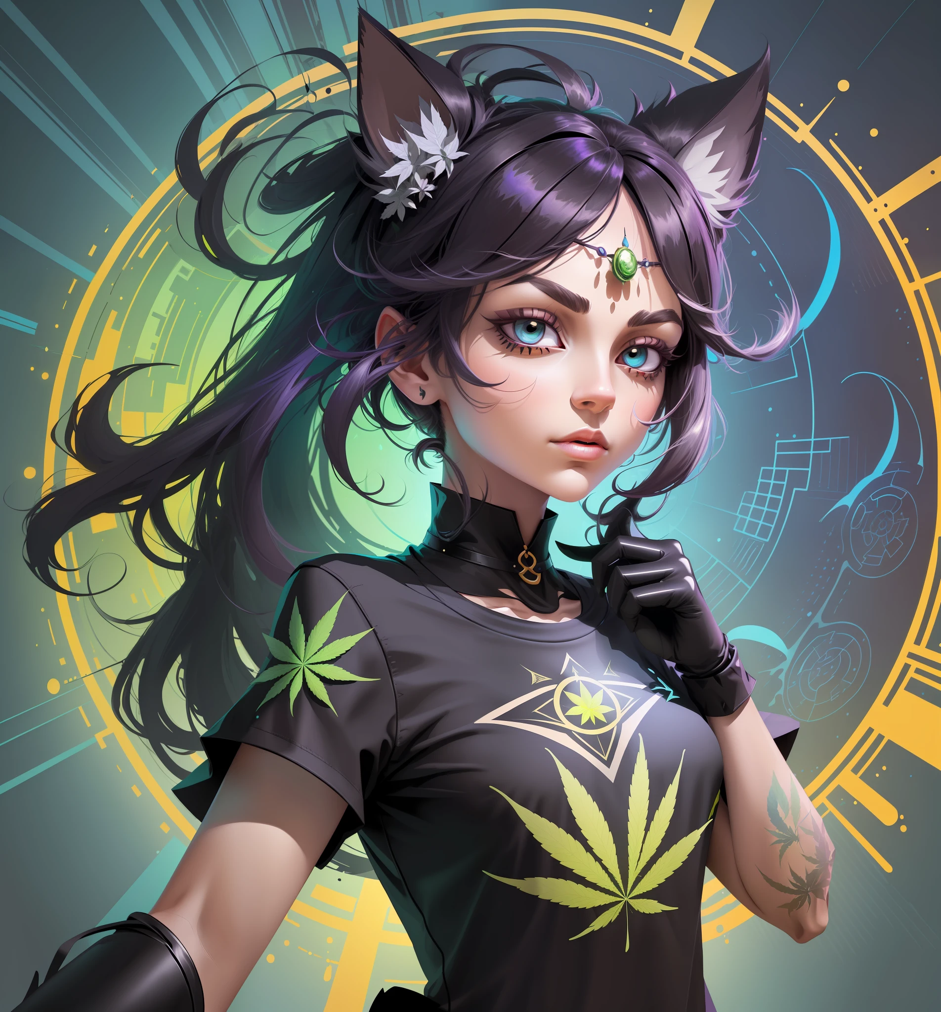 ((centered)), (((flat vector art))), (T-SHIRT DESIGN), colorful, (solid background), ((ready to print)), (fantasy), (detailed), dark magic splash, fantasy art, Adobe Illustrator, 4K resolution, trendy anthropomorphic humanoid creature made entirely out of cannabis, quality high-end marijuana, bird's-eye view, focused on the character