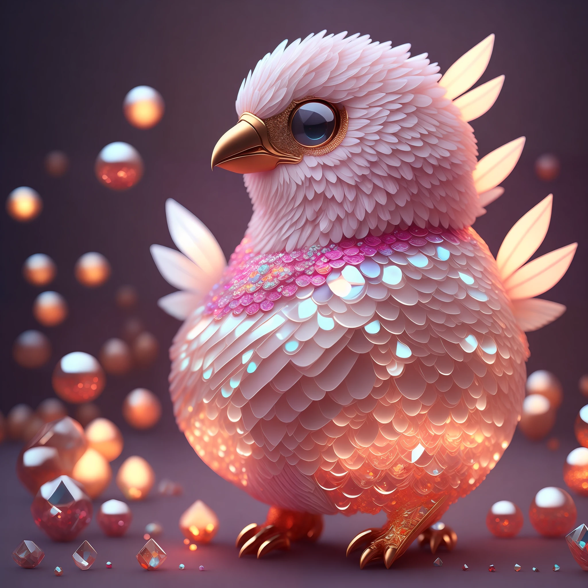 Highly detailed intricate concept art trend artstation 8k of a cute little chubby phoenix made of crystal balls with low poly eyes