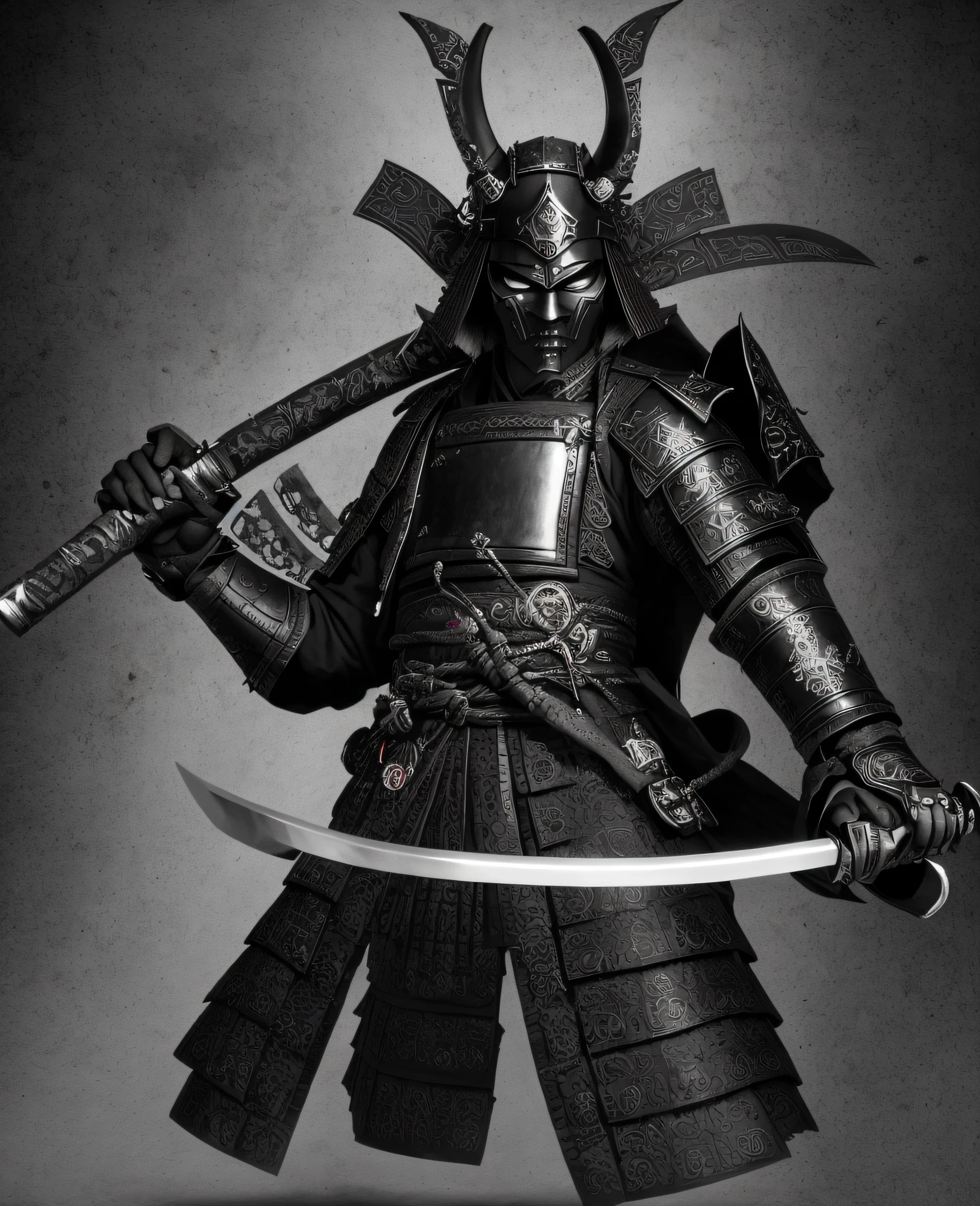 a black and white samurai with a sword and helmet, demon samurai warrior, samurai chains ink undead, demon samurai, inspired by Kanō Hōgai, samurai warrior, inspired by Tōshūsai Sharaku, black bull samurai, japanese warrior, cyborg samurai, samurai with demon mask, epic samurai warrrior, ancient japanese samurai