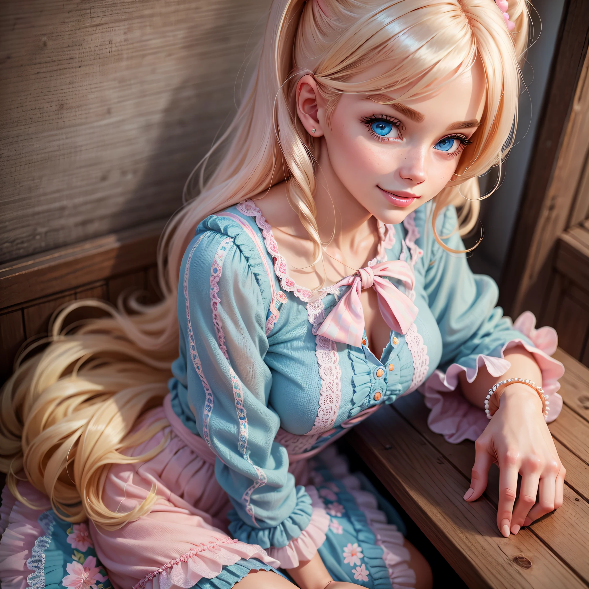 posed illustration, full body, pop, realistic, barbie style, live action, very cute, beautiful smile, beautiful face, blush, well-groomed face, beautiful woman, beautiful blue eyes, bangs between the eyebrows, very cute, perfect anatomy , (blue eyes), peach fuzz , messy hair, blonde hair, narrow waist, absurd, 8k resolution, human hands, highly detailed, smooth, stunning, teen, detailed hairstyle, pink dress, fashion, barbie style. --auto --s2