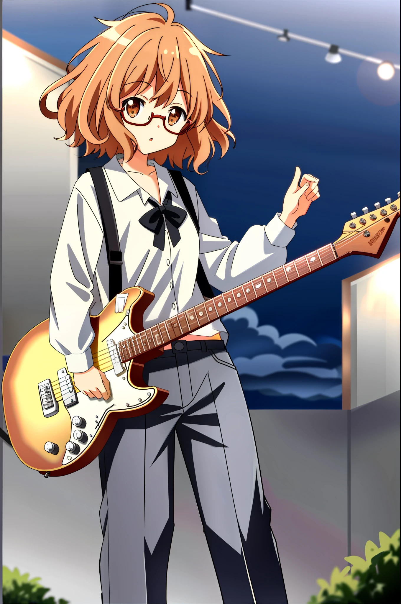 Mirai Kuriyama in casual clothes playing a black Fender Jazzmaster at an evening show, VHS, 90s, vintage, standing, detailed, white button-down shirt, black pants, red, dark glasses