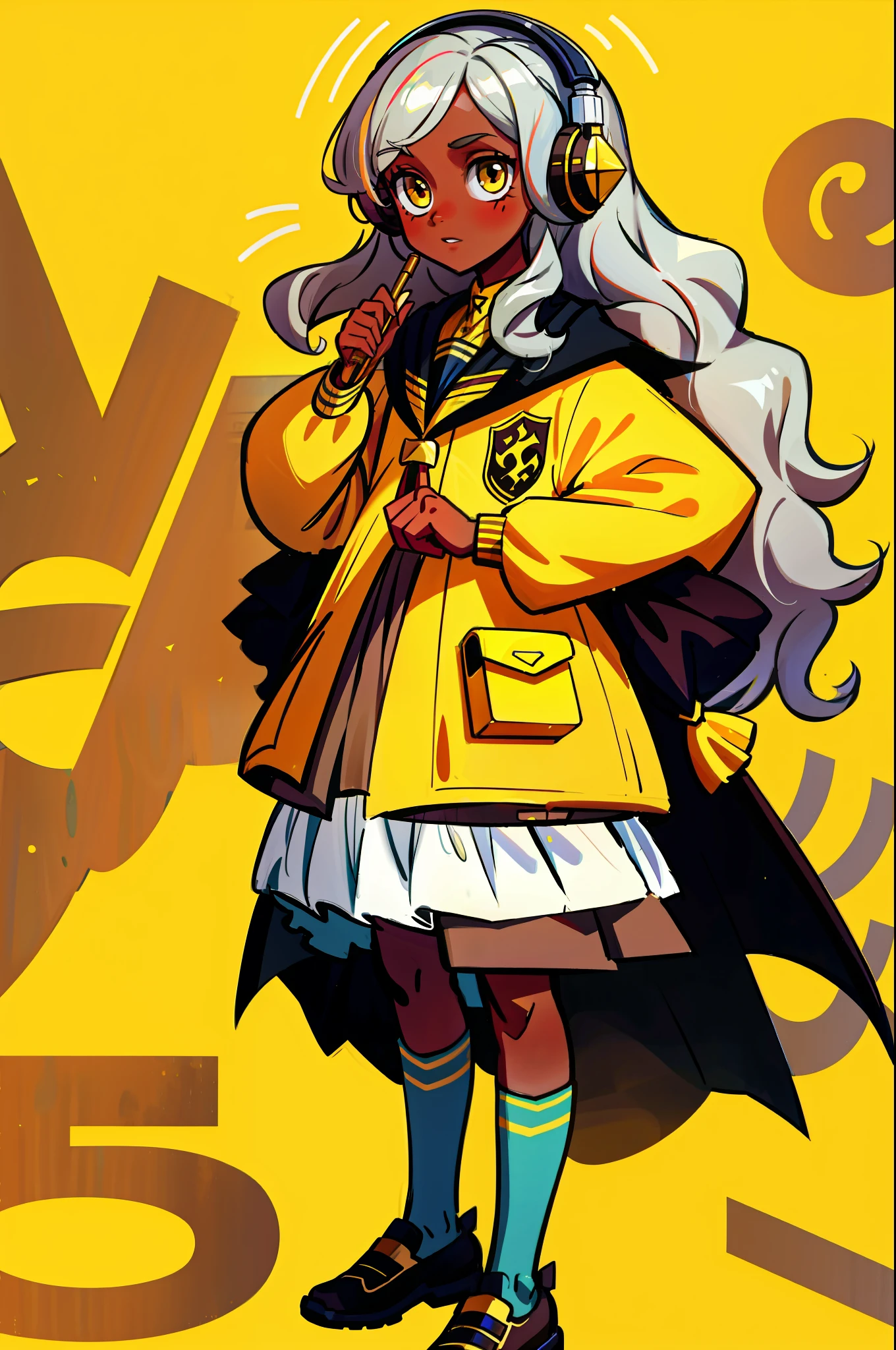 (melhor qualidade, obra-prima), 1girl, twelve year old girl, brown skin tone, long curly hair, silver hair, Hufflepuff uniform, urban scenery, holding smartphone, wearing headphones, looking at smartphone, caramel eyes, high definition, detailed, White hair, Harry Potter uniform, Hufflepuff, wearing Hufflepuff uniform, full body, dynamic angle