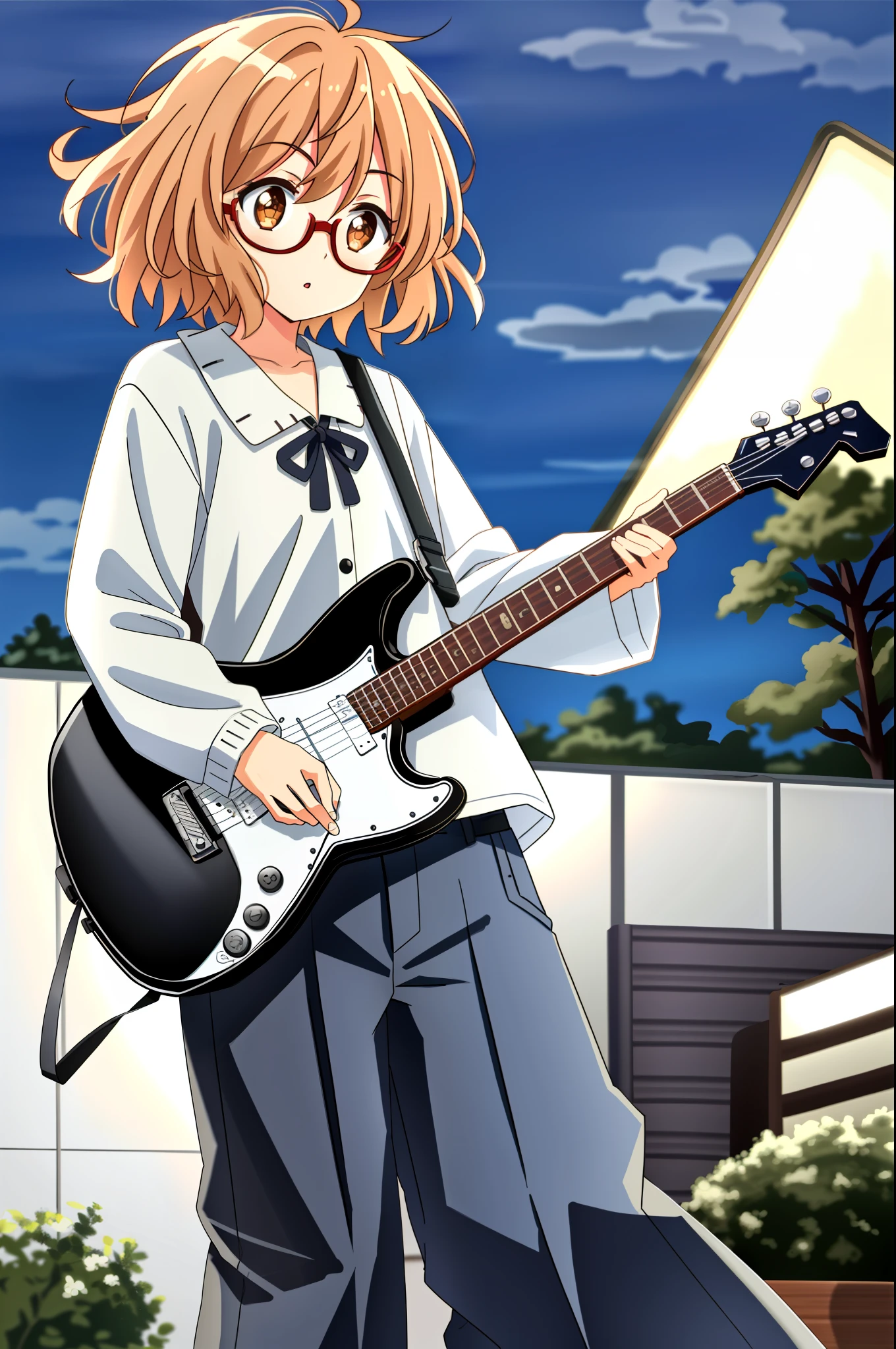 Mirai Kuriyama in casual clothes playing a black Fender Jazzmaster at an evening show, VHS, 90s, vintage, standing, detailed, white button-down shirt, black pants, red, dark glasses