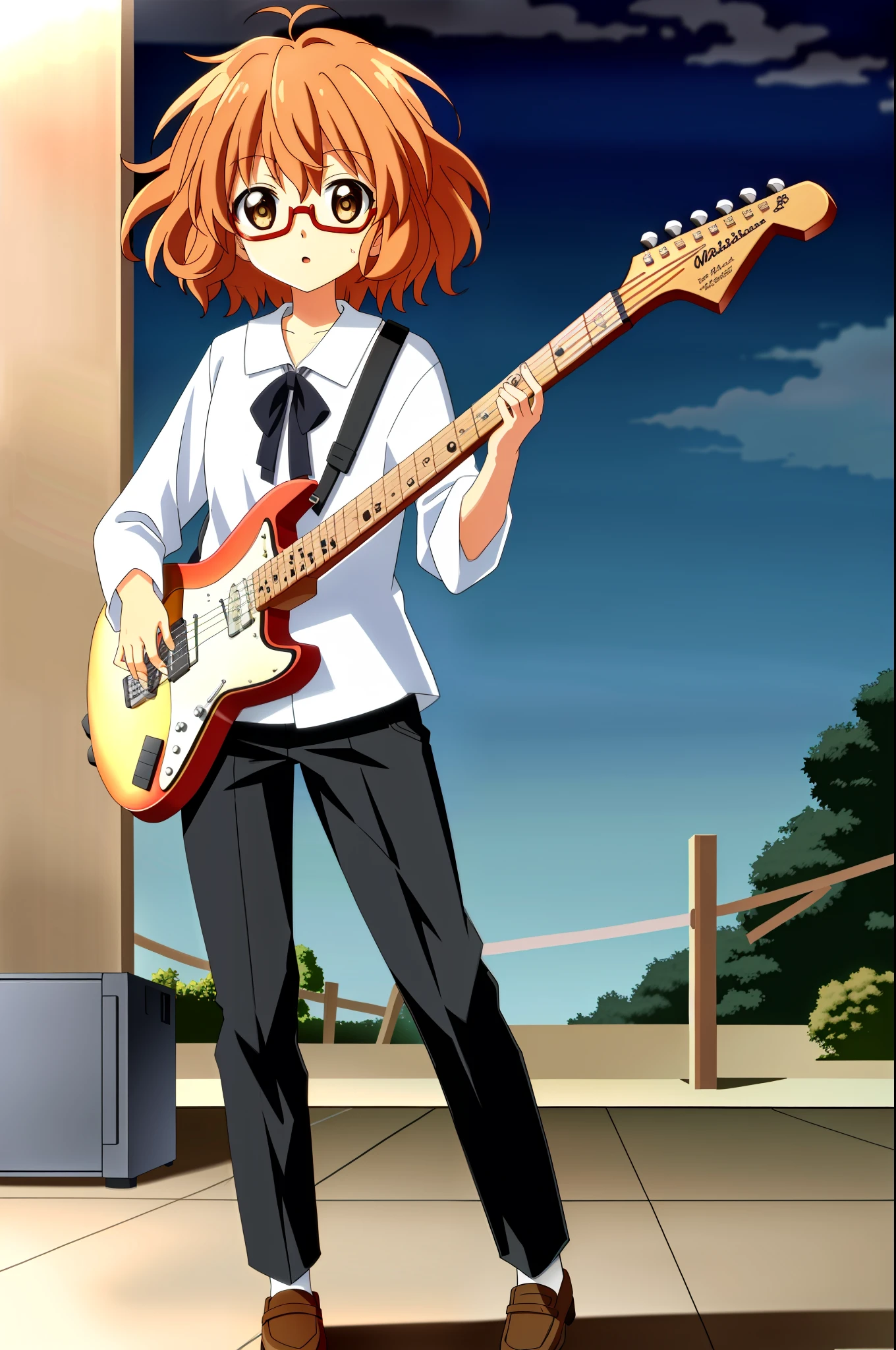 Mirai Kuriyama in casual clothes playing a black Fender Jazzmaster at an evening show, VHS, 90s, vintage, standing, detailed, white button-down shirt, black pants, red glasses