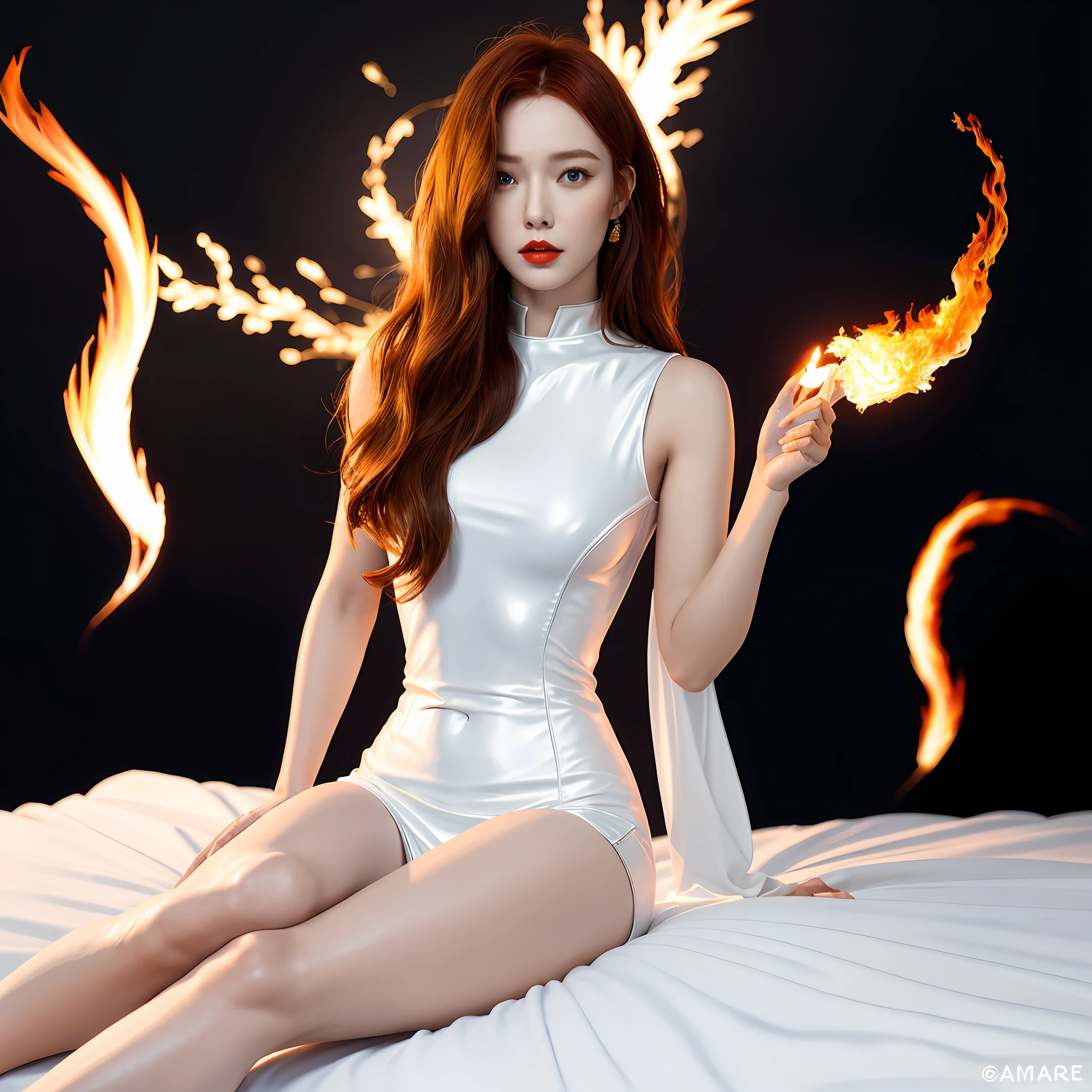 (Best Quality, Masterpiece: 1.1), (Reality: 1.4), 1 girl, long red hair, curly hair, blue eyes, face, flaming red lips, oversized breasts, her hands covering her breasts, tight legs, long legs, shiny skin, seductive pose, lying in bed 1.5, perfect figure, age 26, seduction, white transparent jumpsuit, white horse socks, shiny skin, ((((game characters do not know fire dance)))