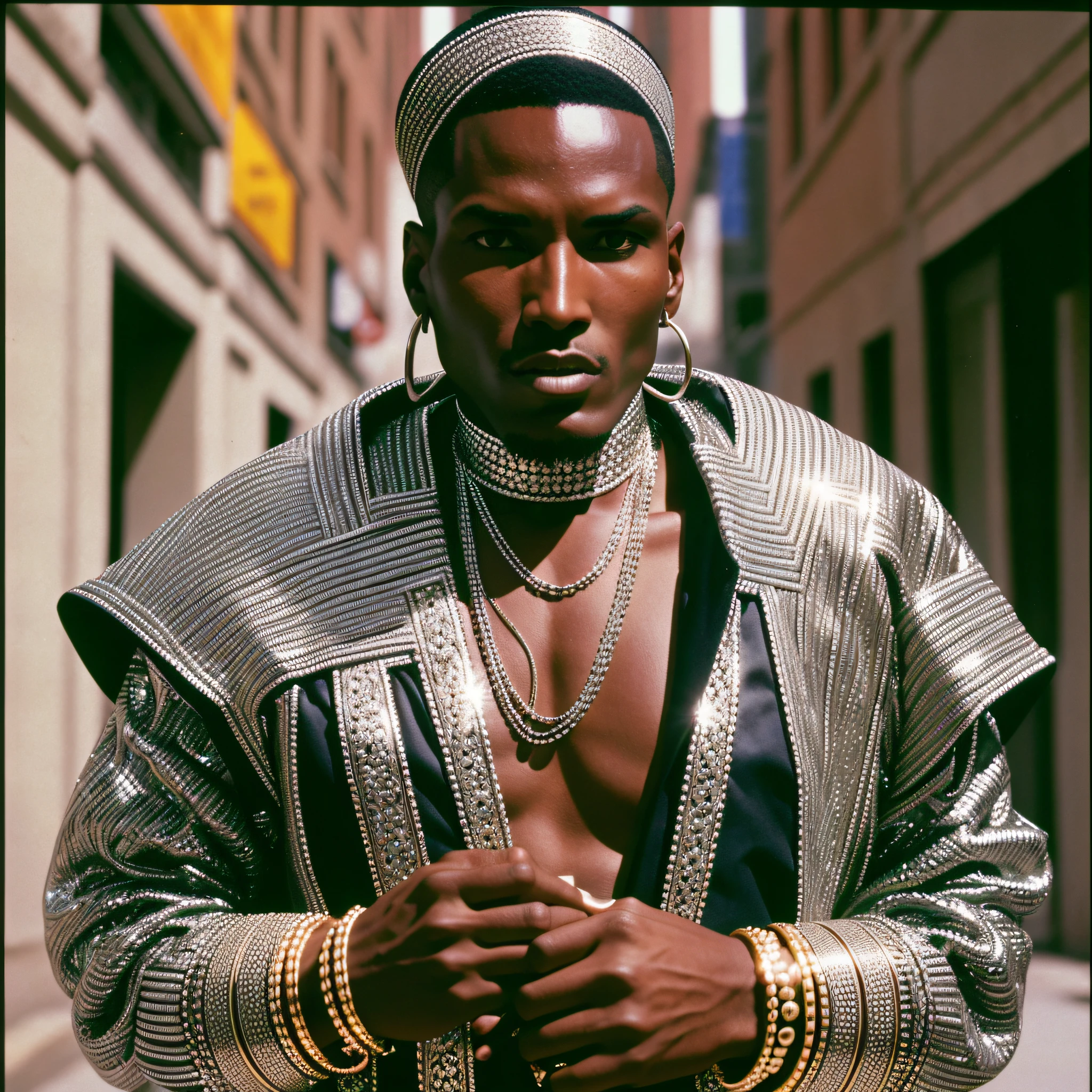PHOTO ESSAY WITH BLACK MAN, AFRICAN, SILVER ACCESSORIES, 1.80 CM, BLACK MAN, GRACE JONES, ADIDAS STYLE CLOTHING, PHOTO TAKEN ON THE STREETS OF BROOKLYN, NEW YORK, IN THE PERIOD OF THE 1990S, 35mm, f2.5, natural light, film grain --auto --s2