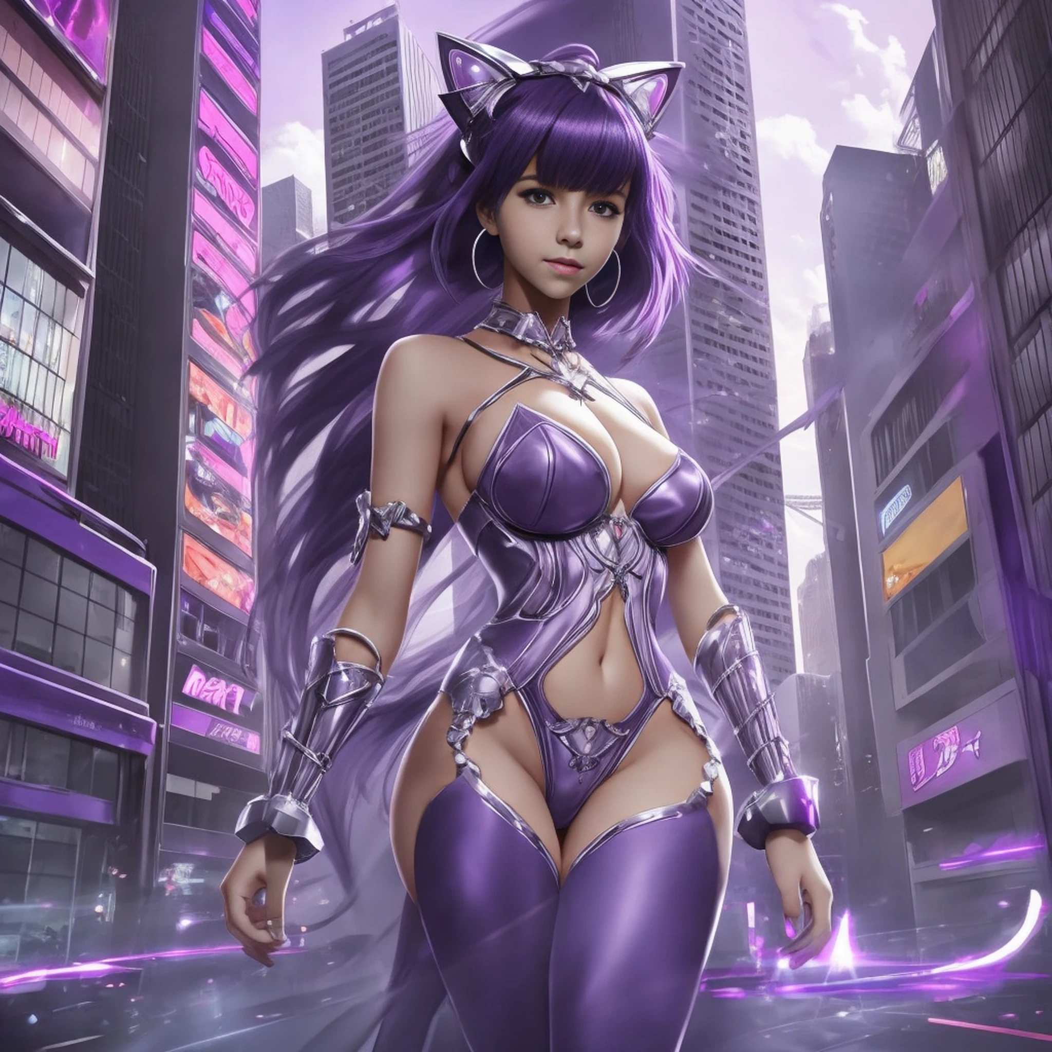 The anime series shows that she is naked with a girl in costume and has a lot of cleavage and stockings, one girl, solo, jewelry, underwear, breasts, long hair, navel, panties, cover, bell, tail, mouth hold, topless, cat tail, earrings, covering breasts, cover, watch viewer, choker, blush, smile, jingle bells, white panties, ruffles, cyberpunk, cartoon-like, full body, purple hair, woman, night city, evaporated background, blue backlight, sci-fi swimsuit, swimsuit technology, transparent clothes, downtown, body photo, sexy, bob cut hair, gray hair --auto --s2