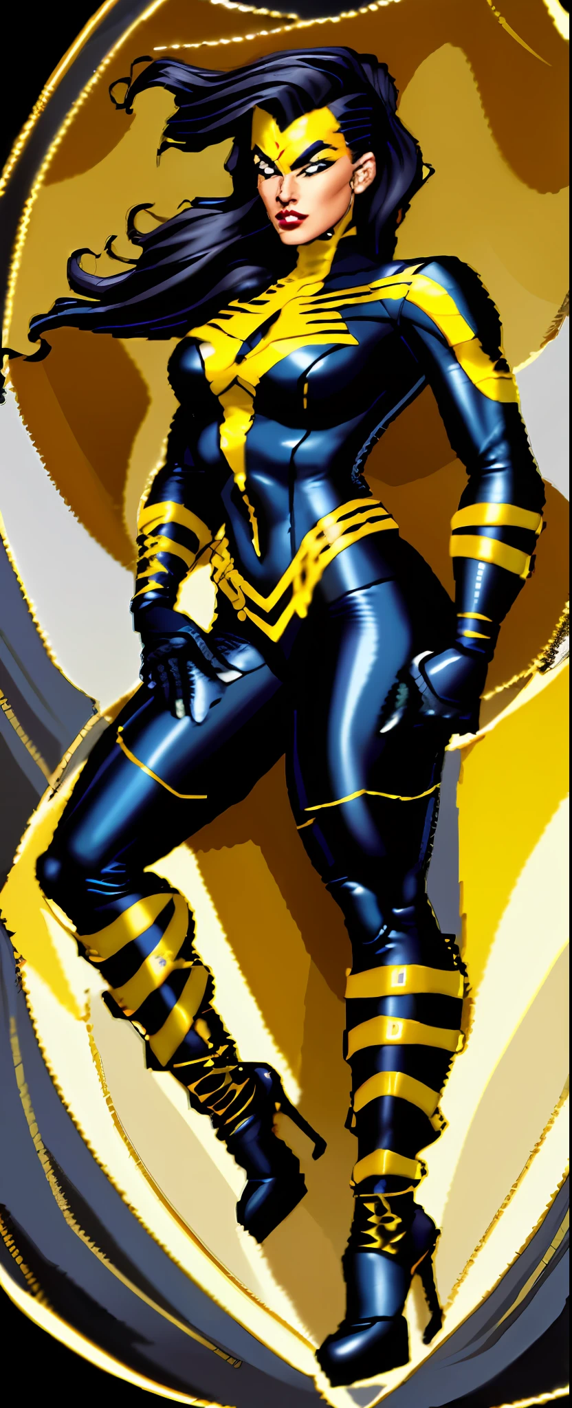 painting of a woman in a black and yellow standing with her hands on her hips, 90's comic book character design, full electromancer portrait, comic book character, black armor, inspired by John Romita, new costume concept design, black and gold scheme, black and gold color scheme, realistic painting, multi layered paint, flowing silver flowing hair